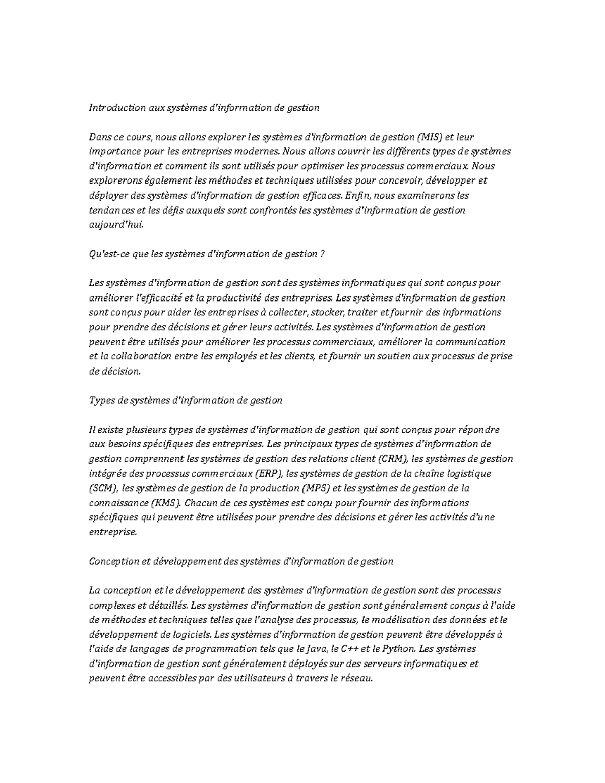 Management Information Systems Study Notes - Introduction Aux Systèmes ...