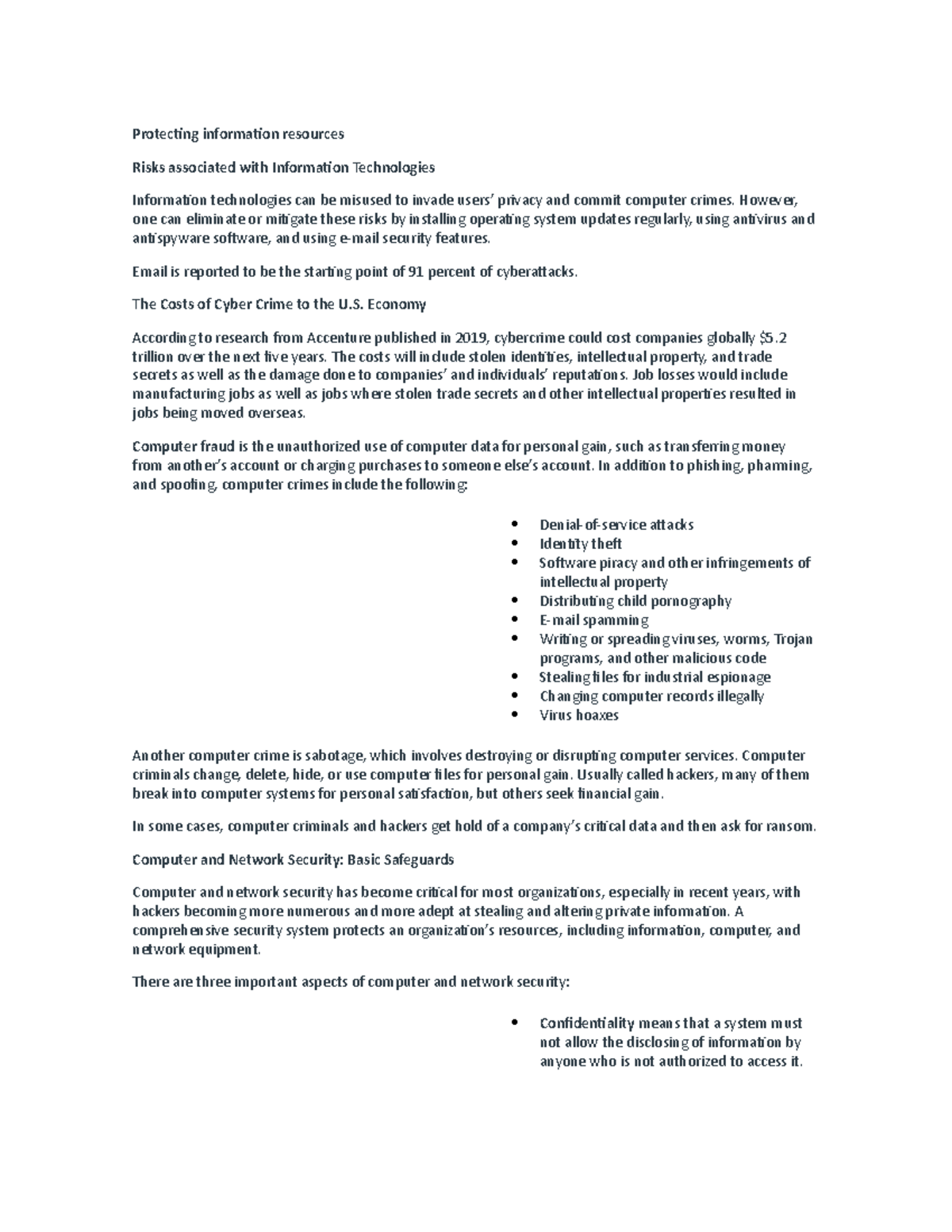 Module 5 Lecture Notes ISM - Protecting information resources Risks ...