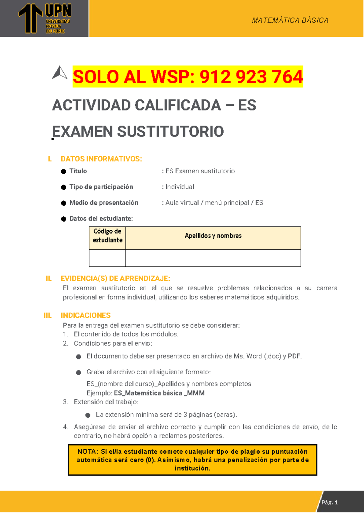 EXAMEN SUSTITUTORIO - MATEMATICA BASICA UPN 2024 - SOLO AL WSP: 912 923 ...