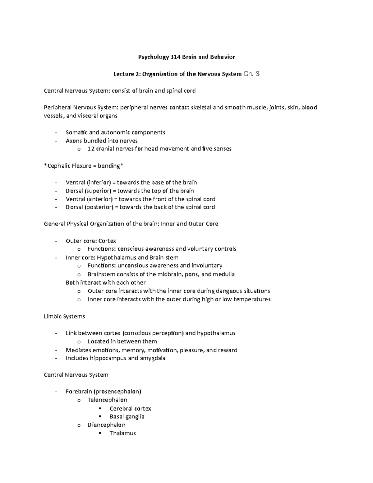 Psychology 314 Brain and Behavior Lecture 2 - 3 Central Nervous System ...