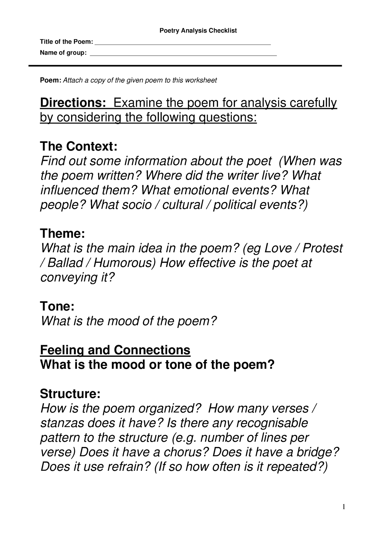 4. Poetry Analysis Checklist - 1 Poetry Analysis Checklist Title of the ...