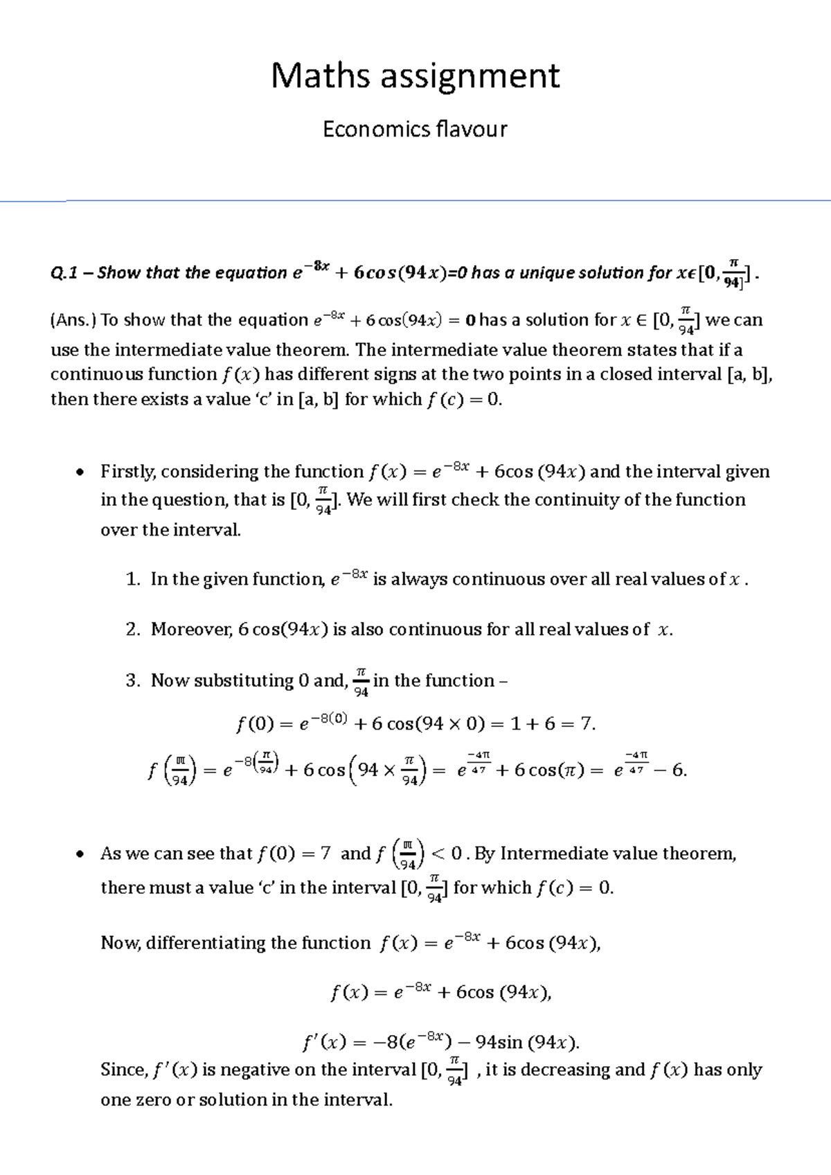 Maths assignment - Maths assignment Economics flavour Q – Show that the ...