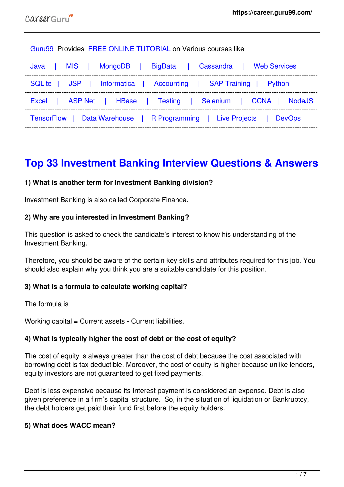 Top 33 Investment Banking Interview Questions Answers - Guru99 Provides ...