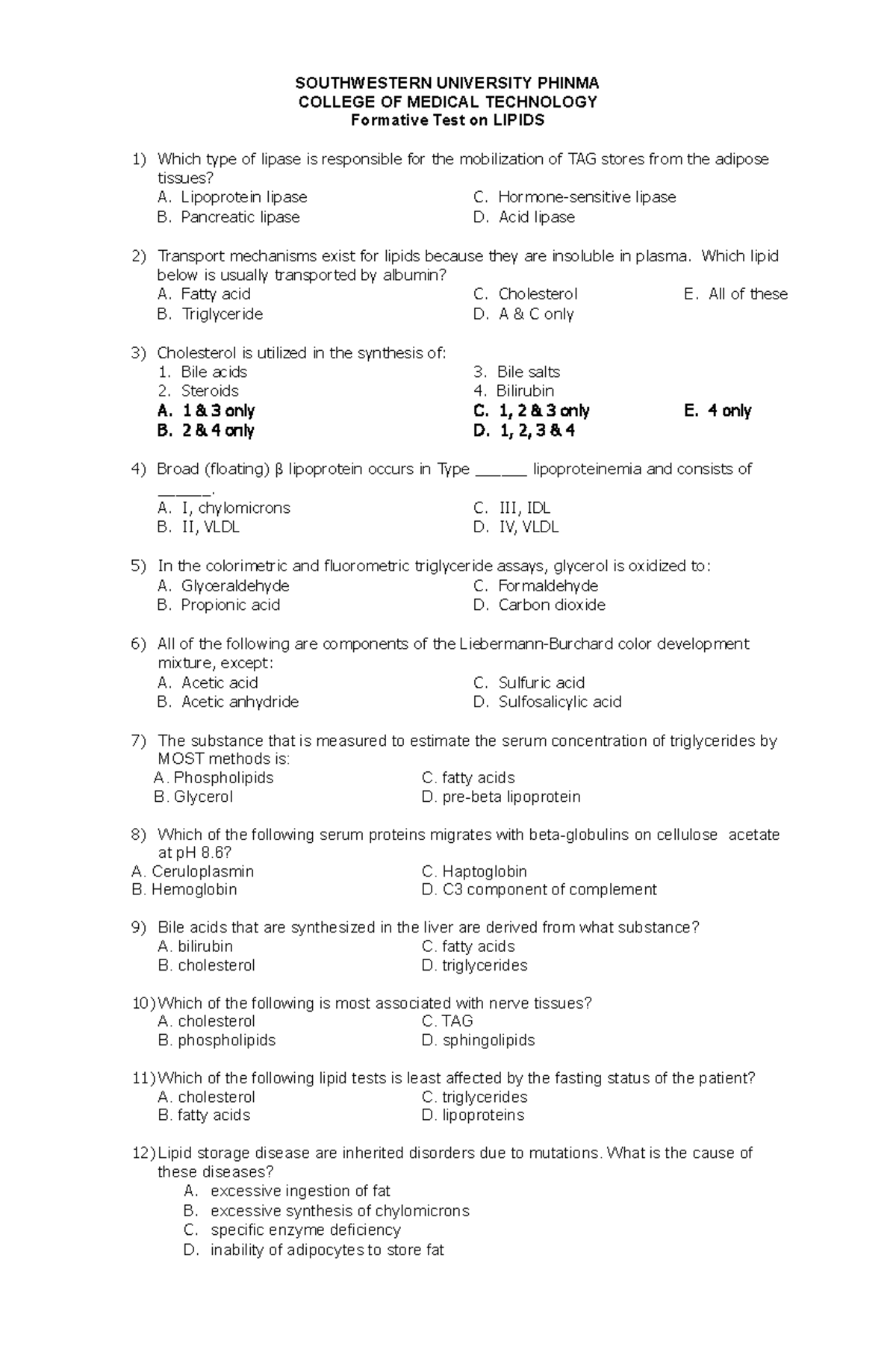 Ay 2223 Mls 043 Formative Test On Lipids Aug 2022 - Southwestern 