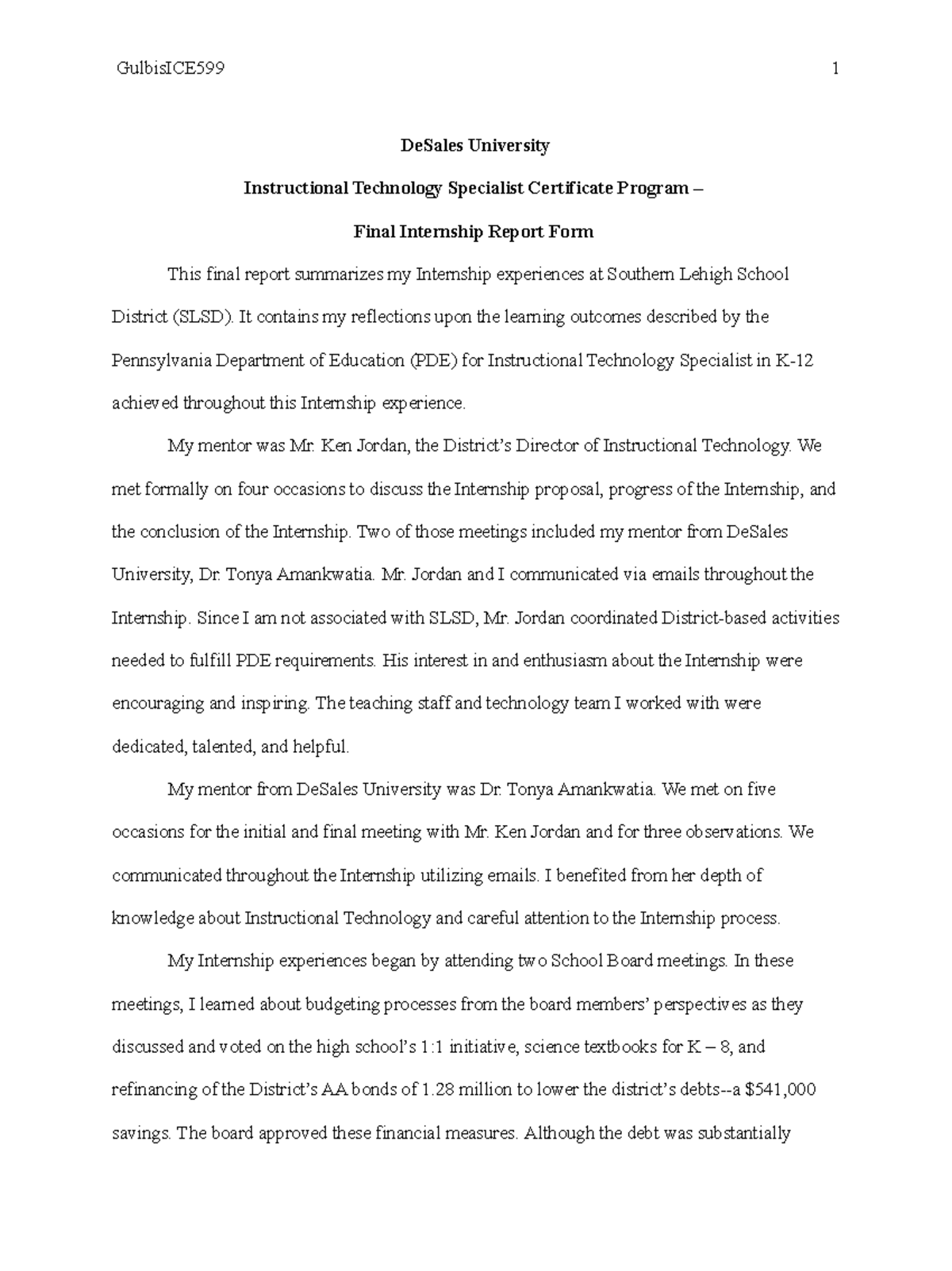 Gulbis ICE 599ITSC Internship Report Form Final DeSales University