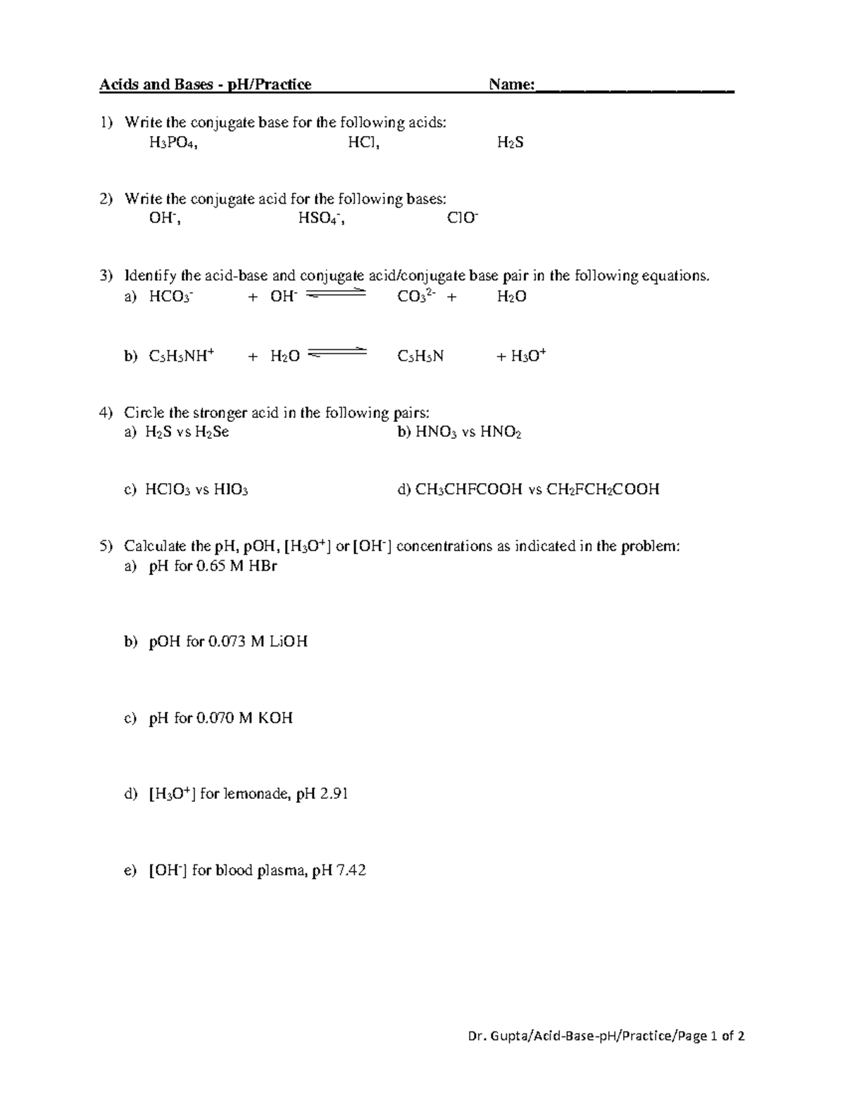 Worksheet 15-01acid Basep H - Dr. Gupta Acid-base-ph Practice Page 1 Of 