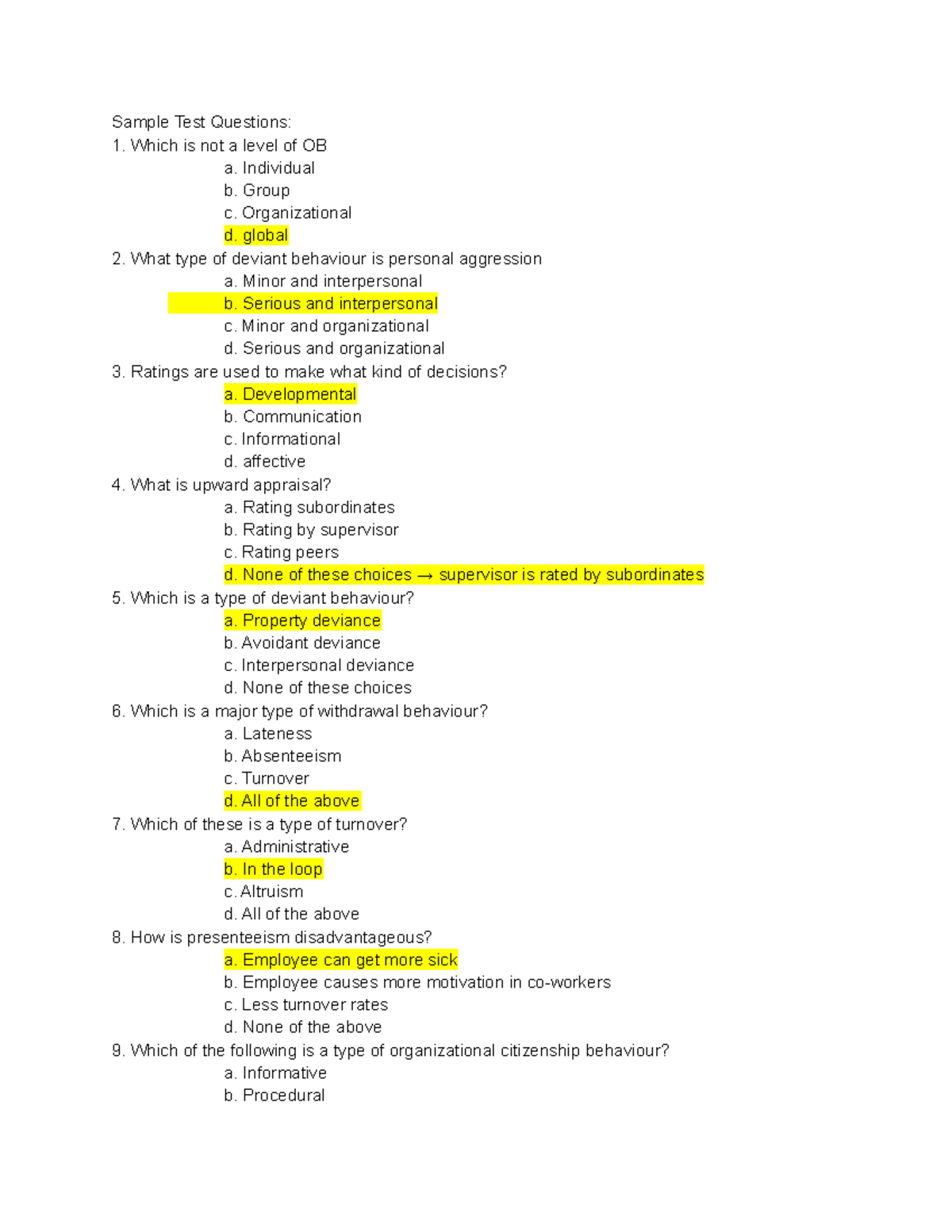 Ob test review answers - organizational behaviour - Sample Test ...