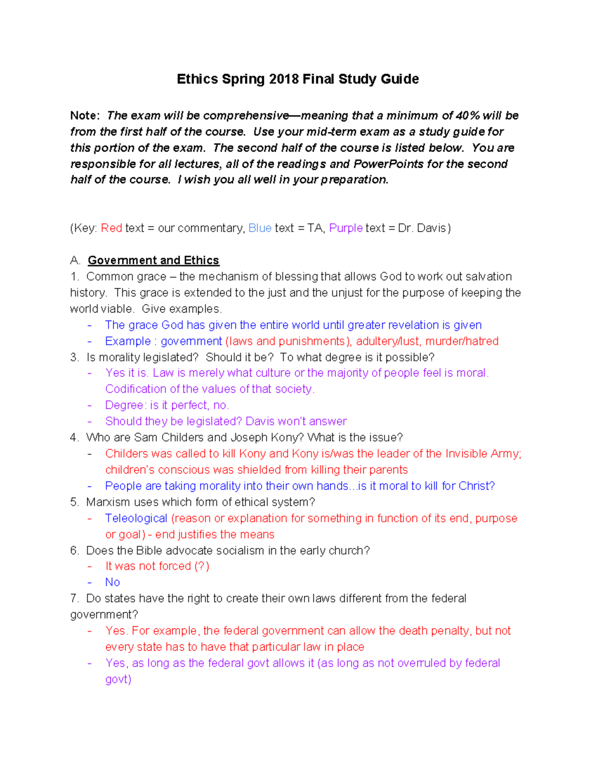 Ethics Final Study Guide Ethics Spring 2018 Final Study Guide Note