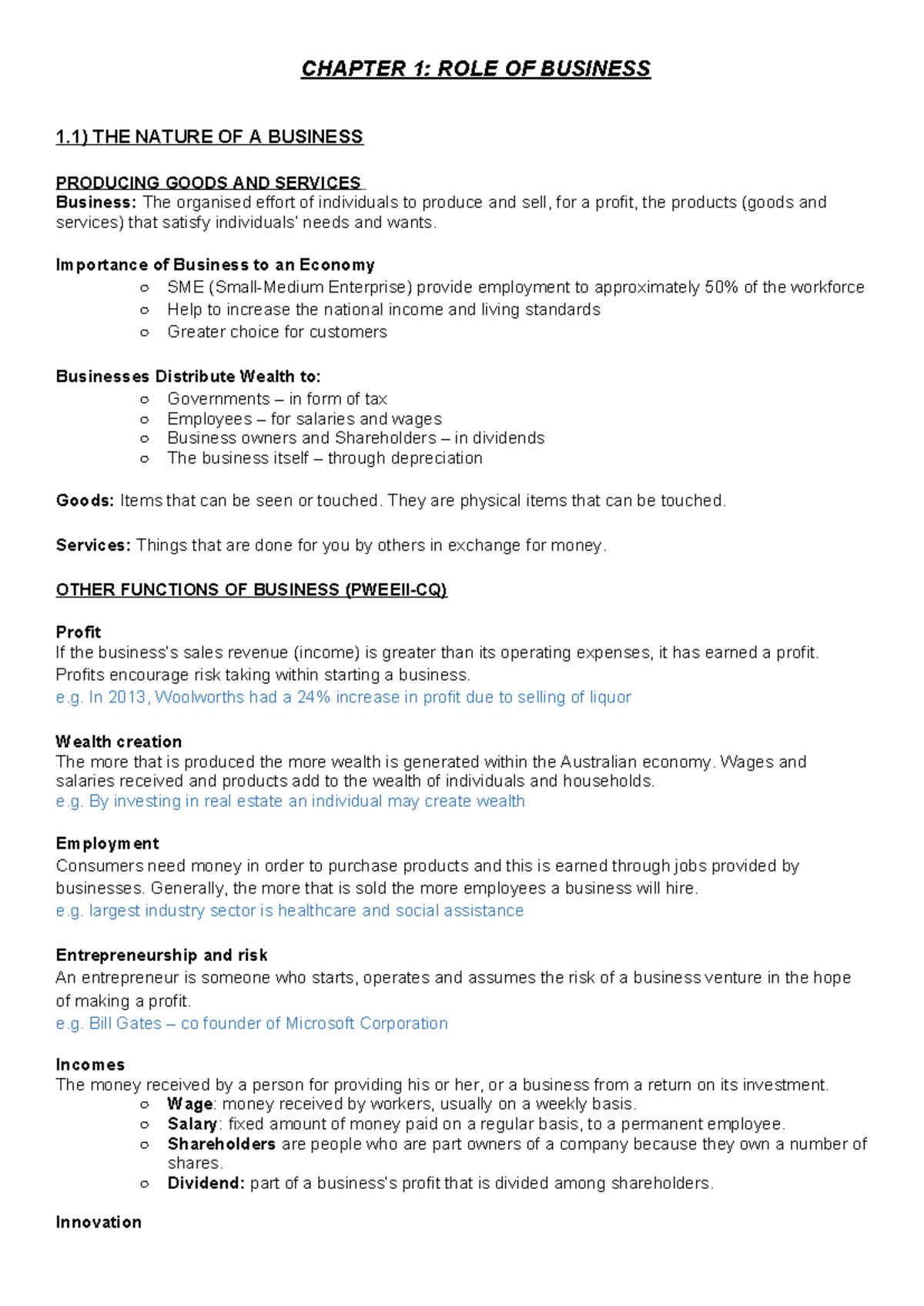 Business studies notes - CHAPTER 1: ROLE OF BUSINESS 1) THE NATURE OF A ...