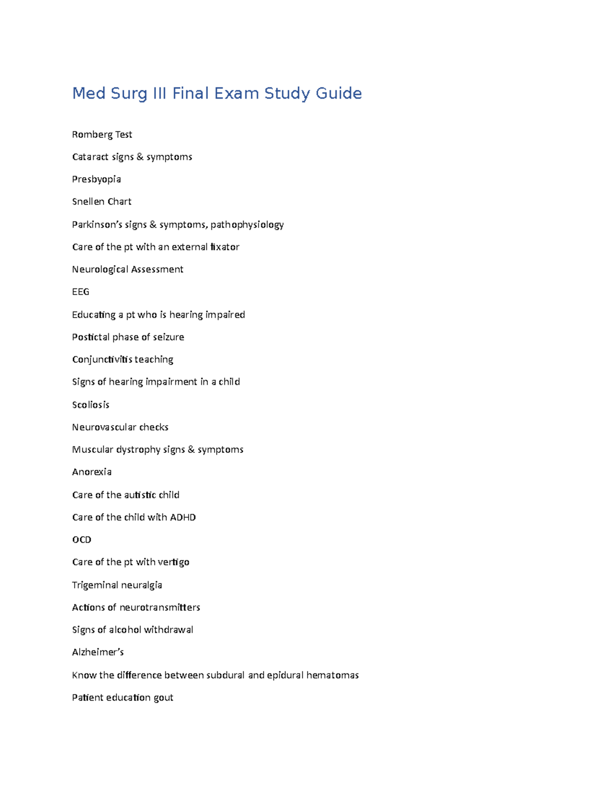 Med Surg III Final Exam Study Guide - Med Surg III Final Exam Study ...