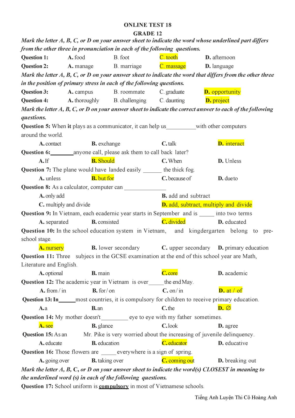 Online TEST 3 - test - ONLINE TEST 18 GRADE 12 Mark the letter A, B, C ...