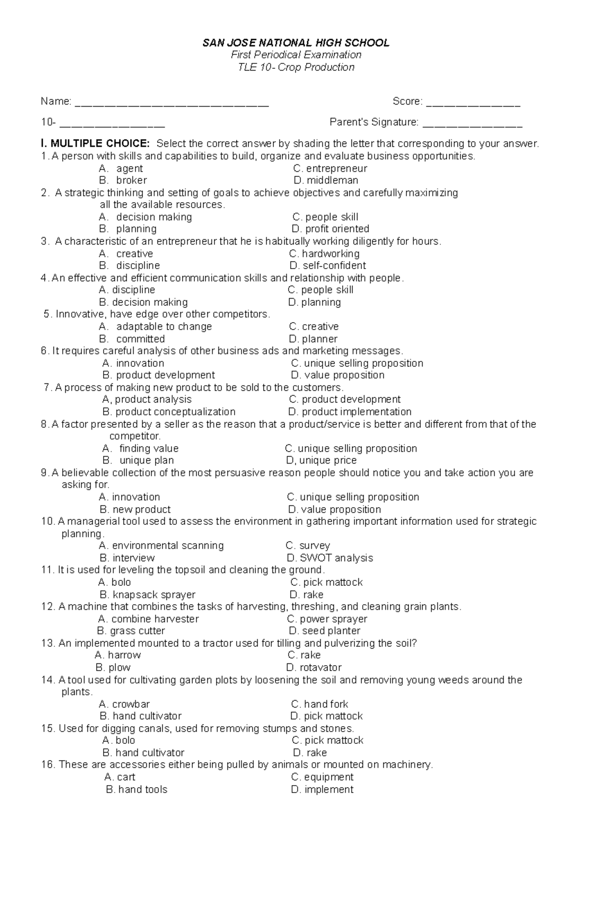 PT -Q1 TLE Crop-Prod-10 - SAN JOSE NATIONAL HIGH SCHOOL First ...