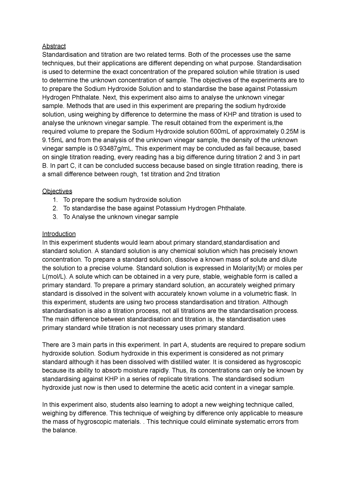 experiment 2 analysis of an unknown vinegar sample