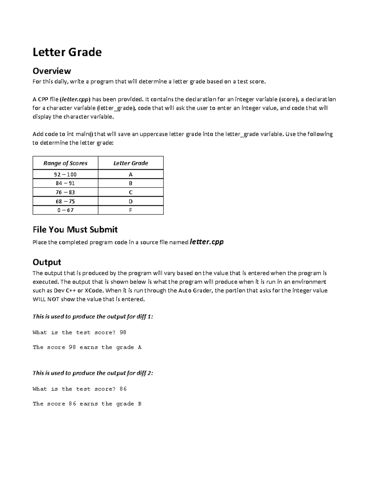 Letter Grade - Letter Grade Overview For This Daily, Write A Program ...