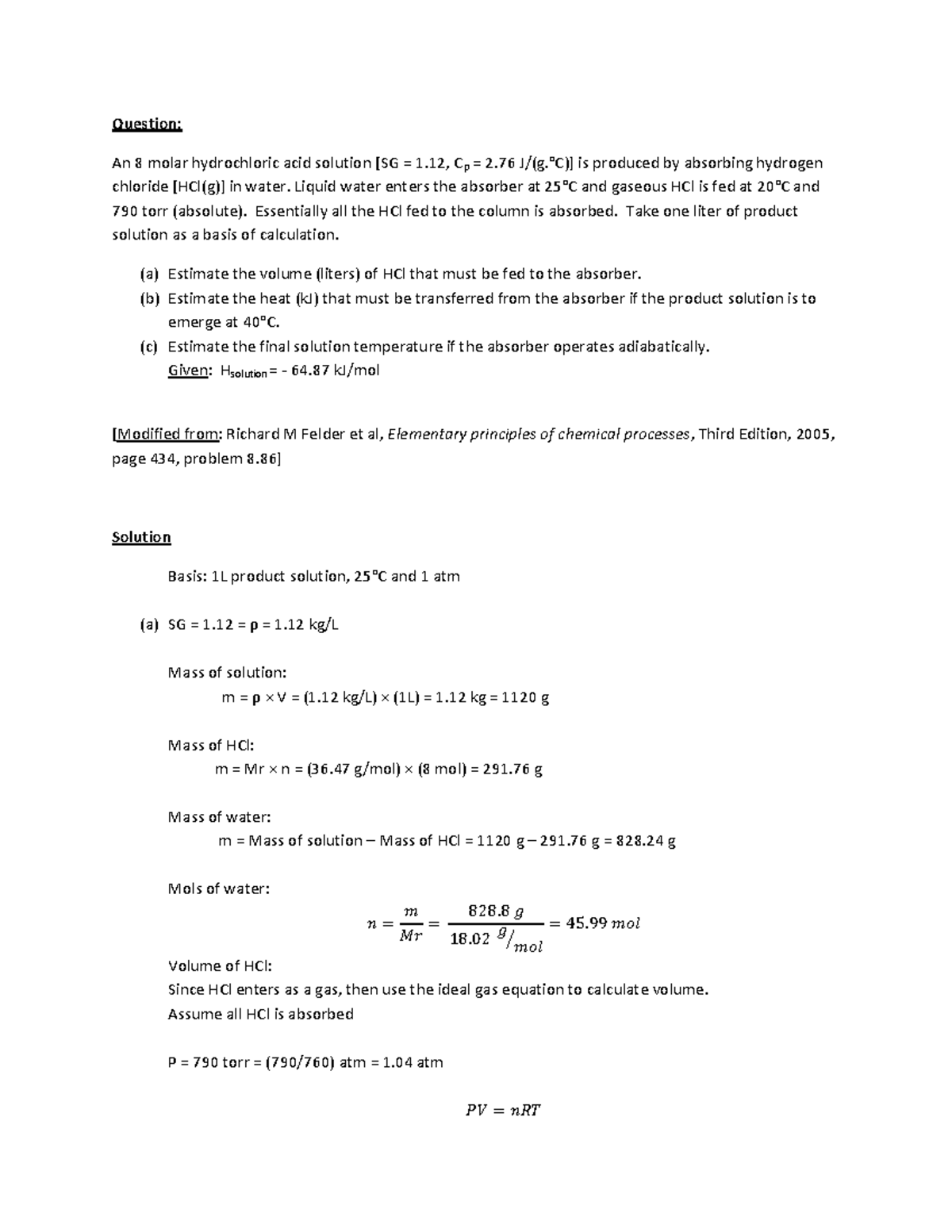 Heat of Mixing 9 - chapter 8 in textbook - Question: An 8 molar ...