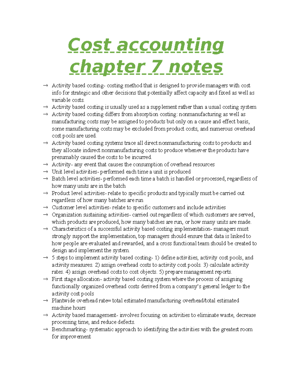 Chapter 7 Notes - Cost Accounting Chapter 7 Notes Activity Based ...