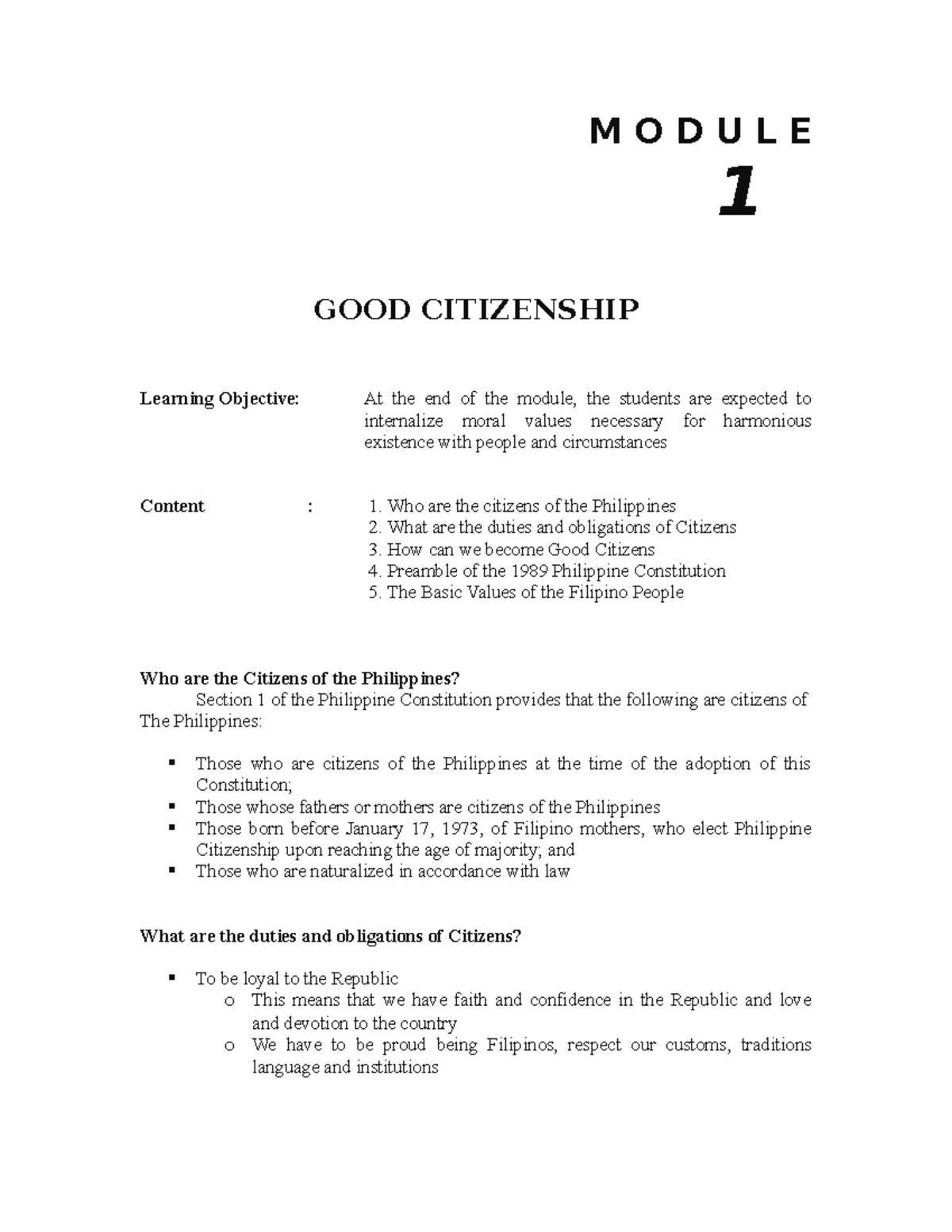 Module 1 good citizenship 20 21 - M O D U L E 1 GOOD CITIZENSHIP ...