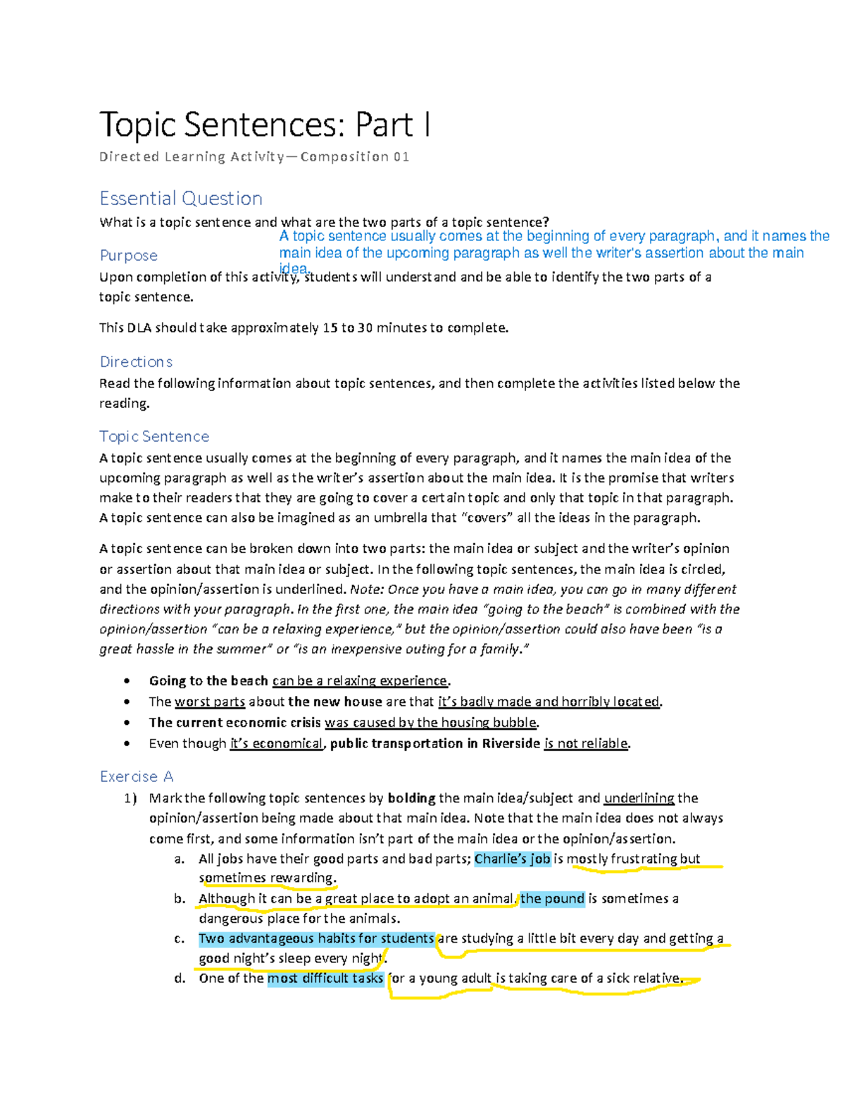 DLA - C 1 Topic sentences I - Topic Sentences: Part I Directed Learning ...