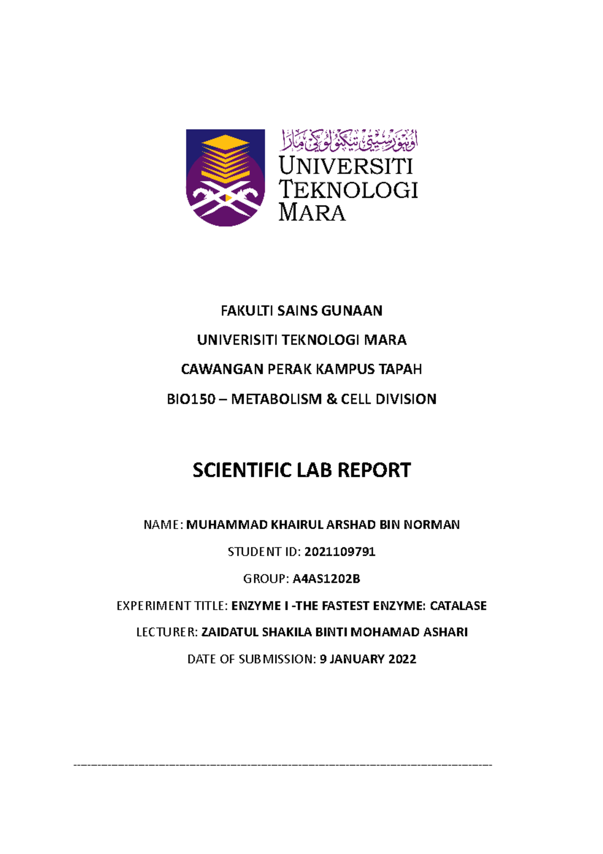 BIO LAB Report - Okay - FAKULTI SAINS GUNAAN UNIVERISITI TEKNOLOGI MARA ...