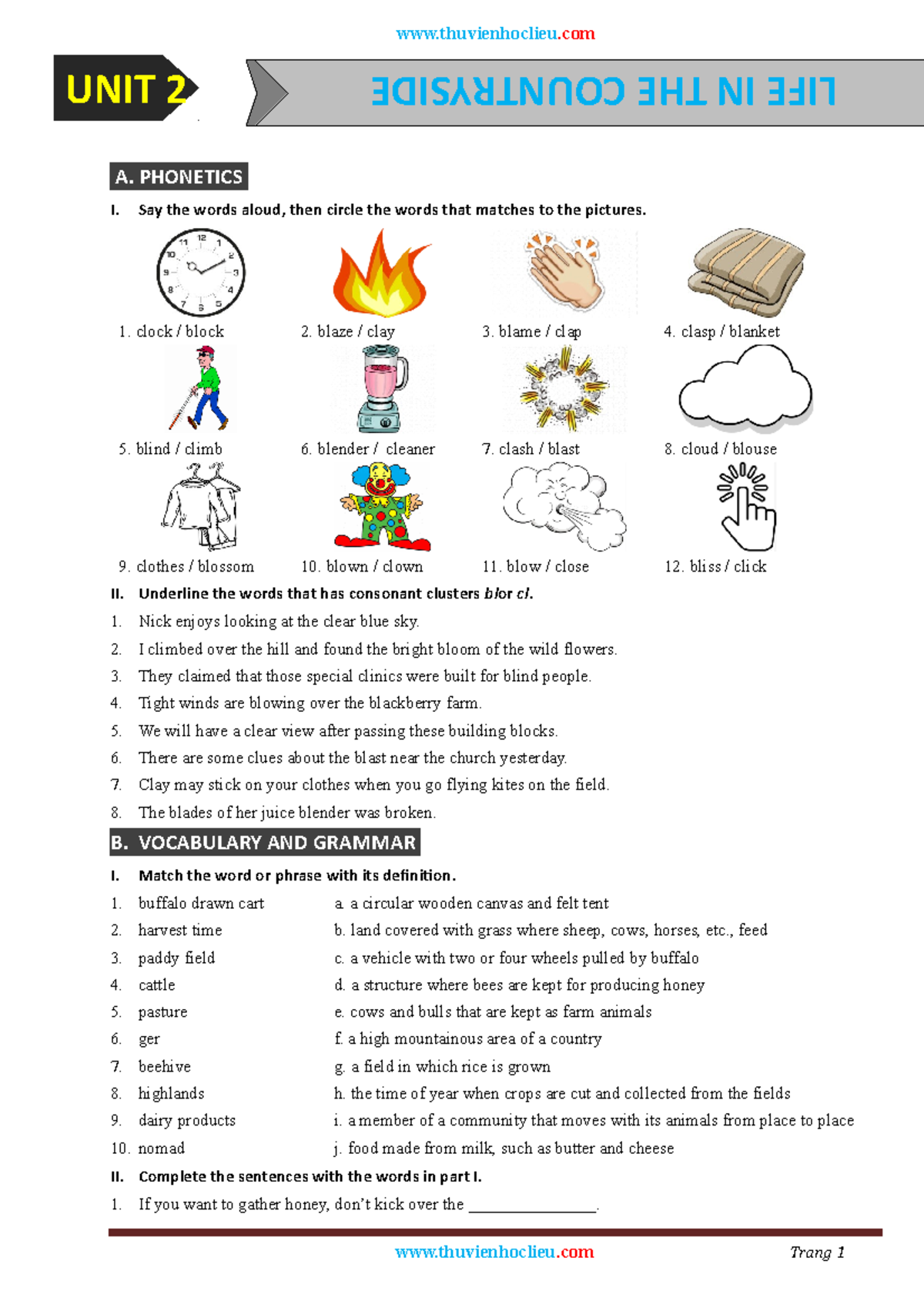 2 - English - UNIT 2 LIFE IN THE COUNTRYSIDE A. PHONETICS I. Say The ...