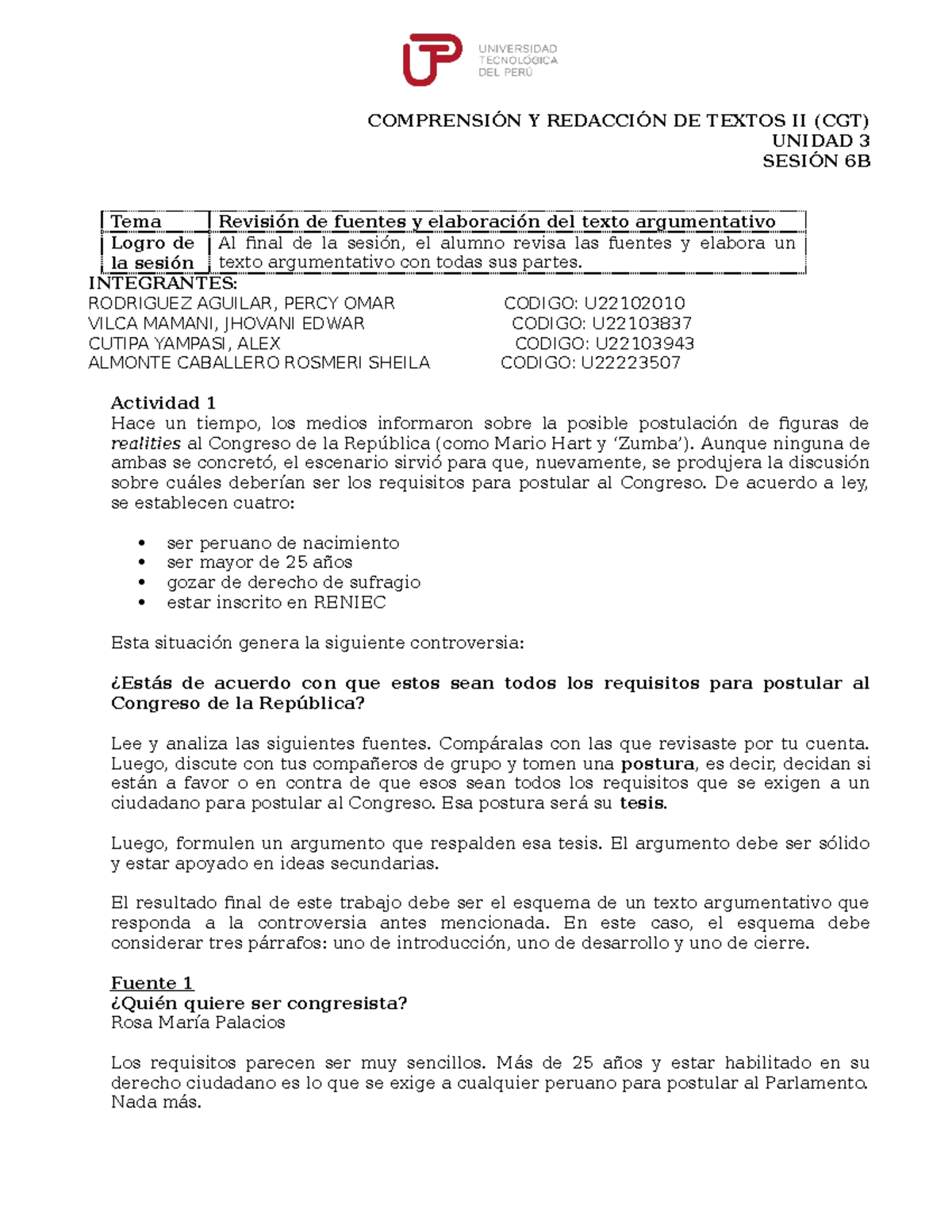 Texto Argumentativo Requisitos Congreso - COMPRENSIÓN Y REDACCIÓN DE ...