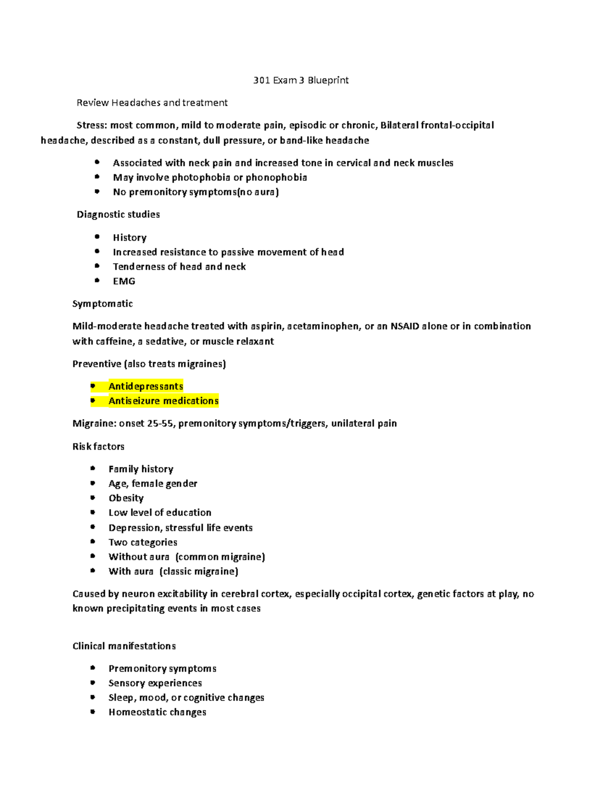 301 Exam 3 Blueprint 23-1 2 - 301 Exam 3 Blueprint Review Headaches and ...