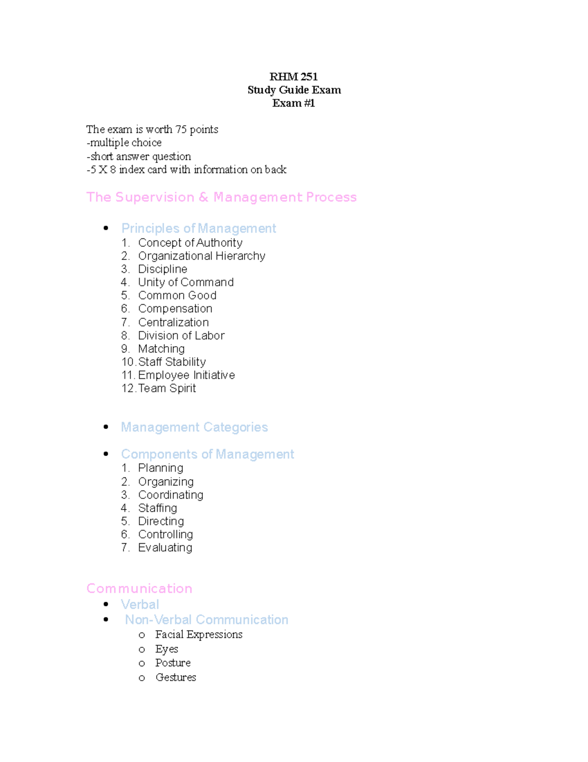 RHM 251 Review Exam #1 - RHM 251 Study Guide Exam Exam # The exam is ...