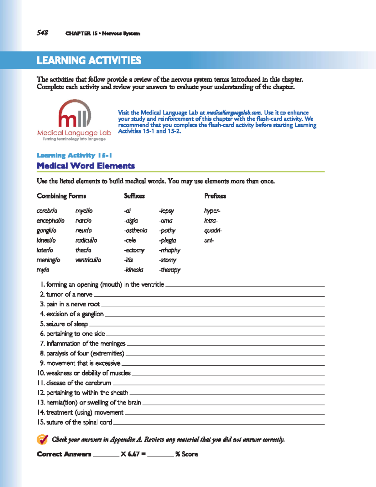 C10 Nervous Word Building Practice 548 CHAPTER 15 Nervous System 