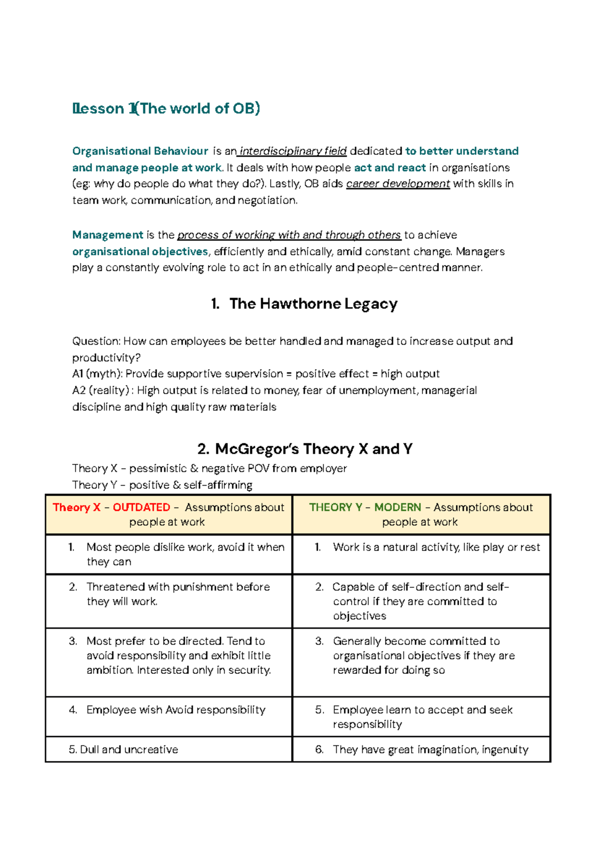 Topic 1 Hrm231 notes - Lesson 11111111111111 1 (The world of OB ...