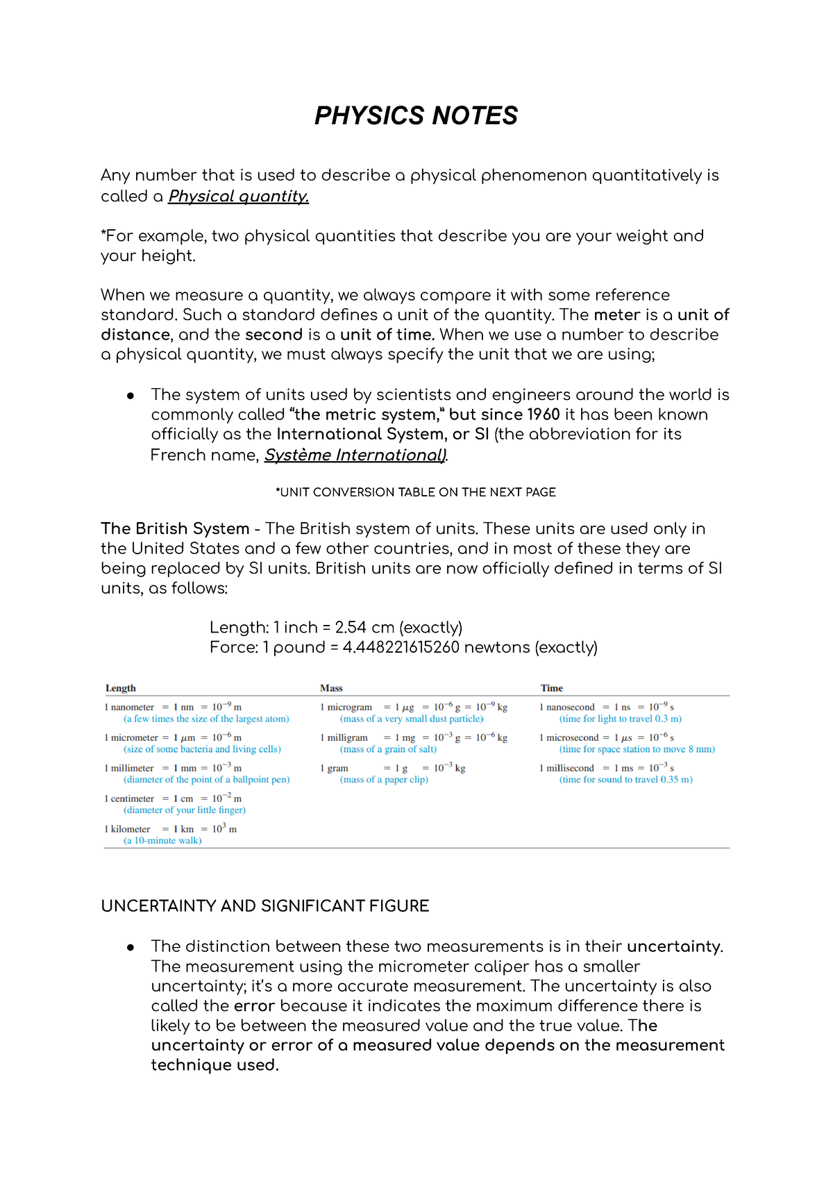 Physics Notes (edited) - PHYSICS NOTES Any number that is used to ...