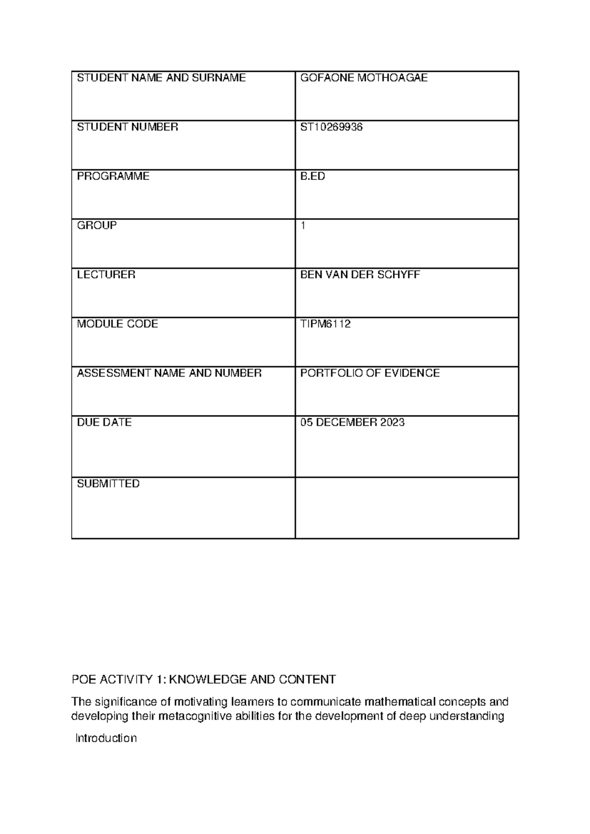 TIPM6112 POE PORTFOLIO OF EVIDENCE - STUDENT NAME AND SURNAME GOFAONE ...