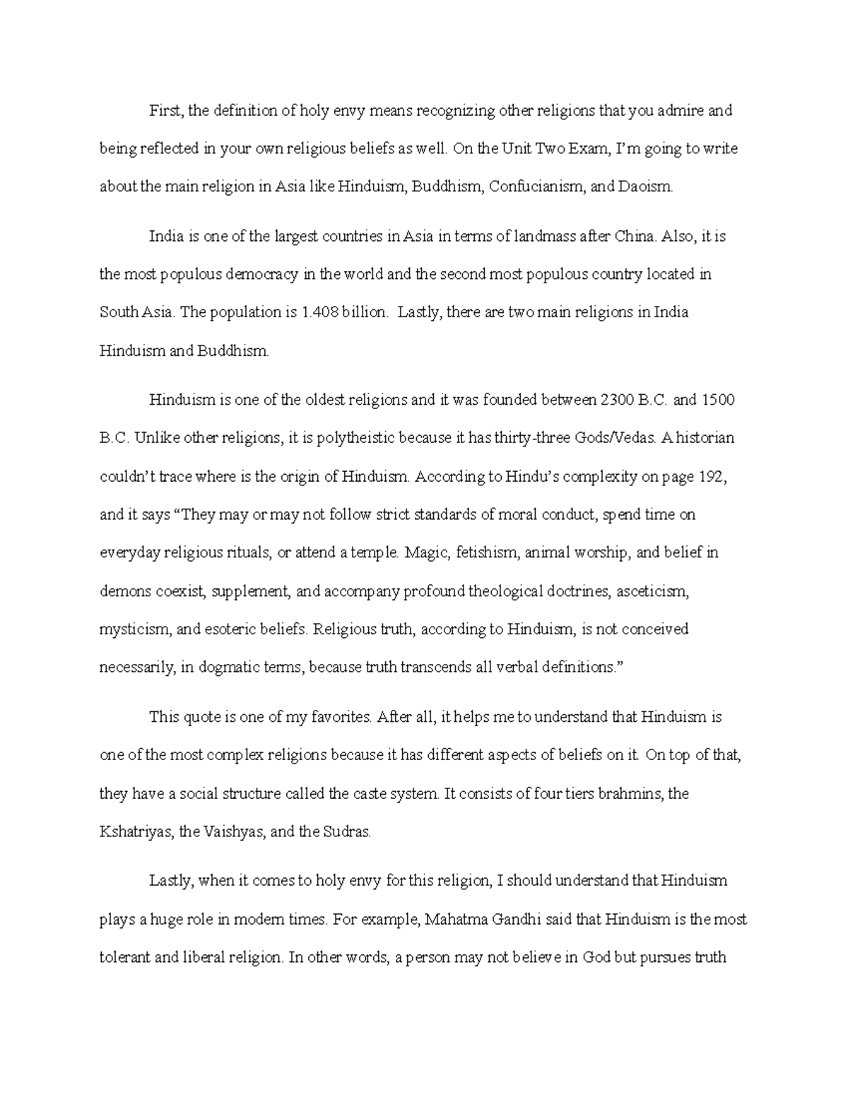 Spencer Ammon Dagal Unit Two Exam First, the definition of holy envy