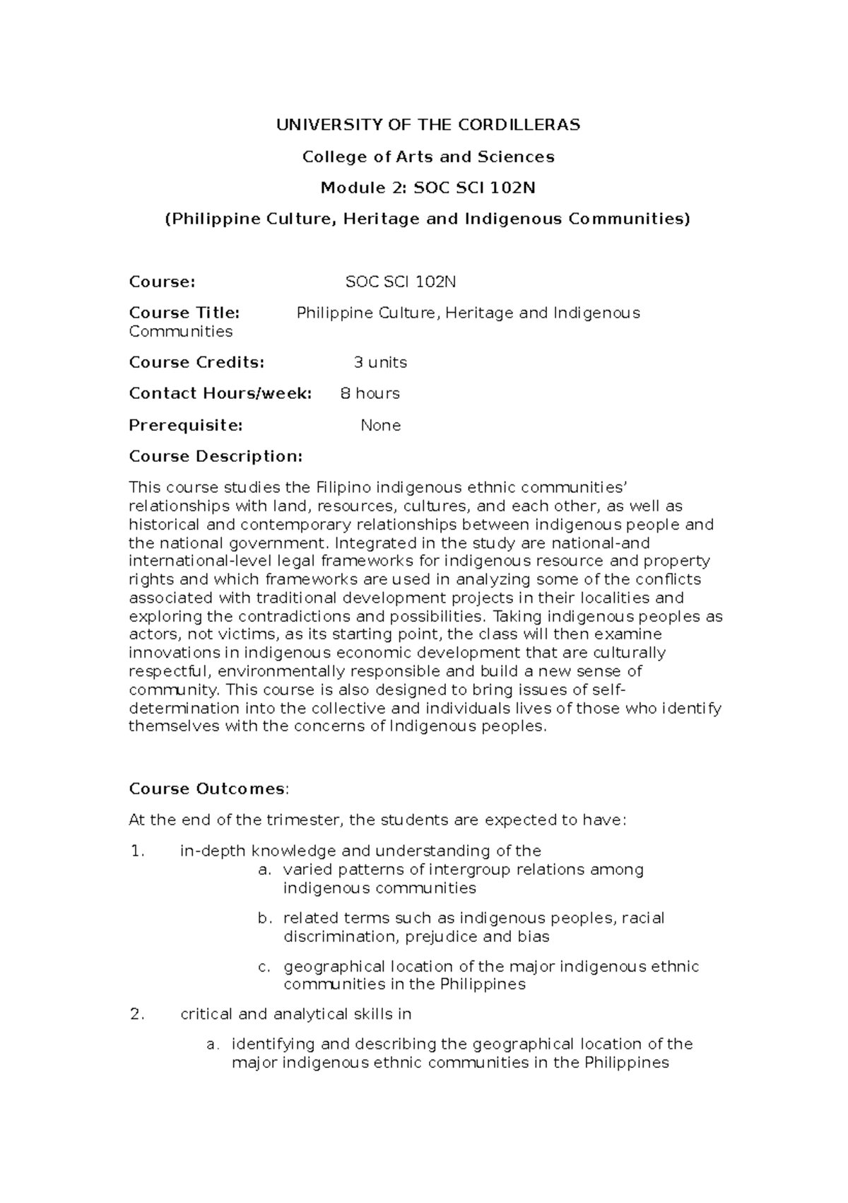 SOC SCI 102N Course Module 2 - UNIVERSITY OF THE CORDILLERAS College of ...