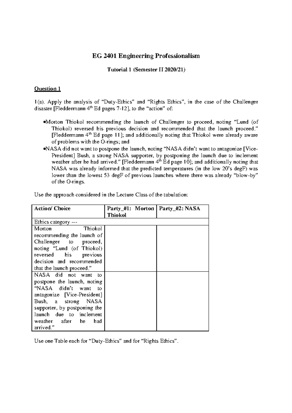 Eg2401 THL Tutorial 1 - EG 2401 Engineering Professionalism Tutorial 1 ...