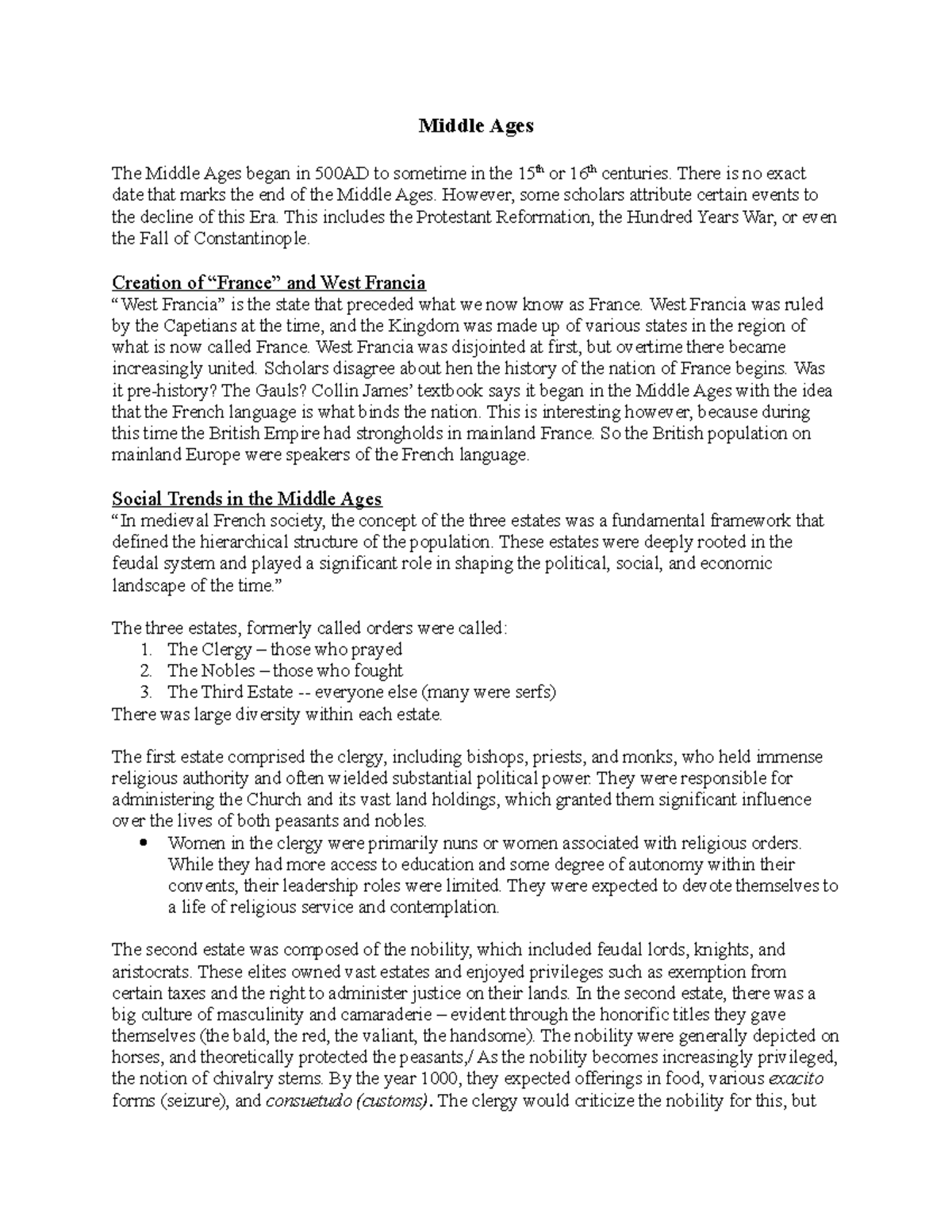 HIS389 partial notes for open book exam - Middle Ages The Middle Ages ...