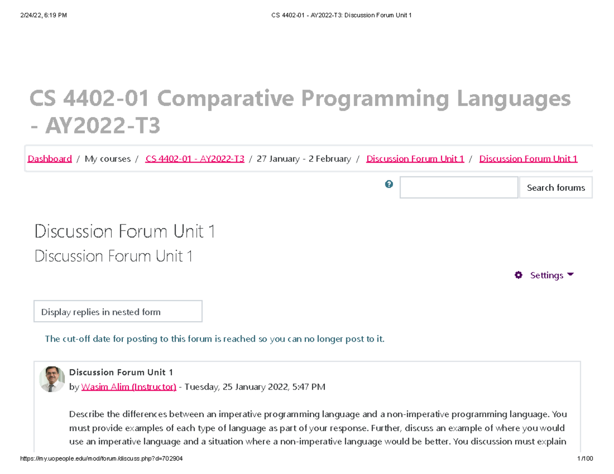 CS4402 DF Unit 1 - CS 4402 Discussion Forum Unit 1 - CS 4402-01 ...