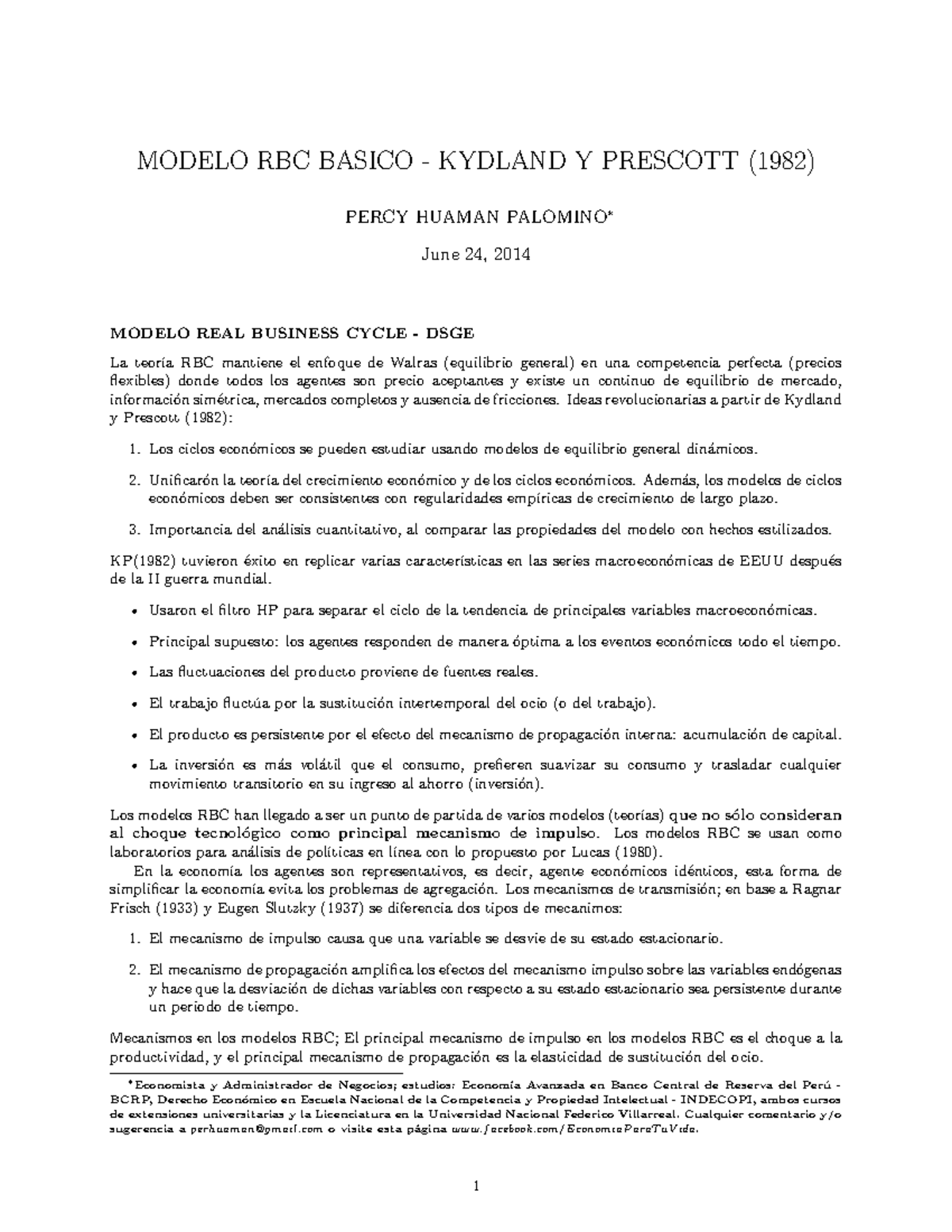 Modelo base rbc - MODELO RBC BASICO - KYDLAND Y PRESCOTT (1982) PERCY ...