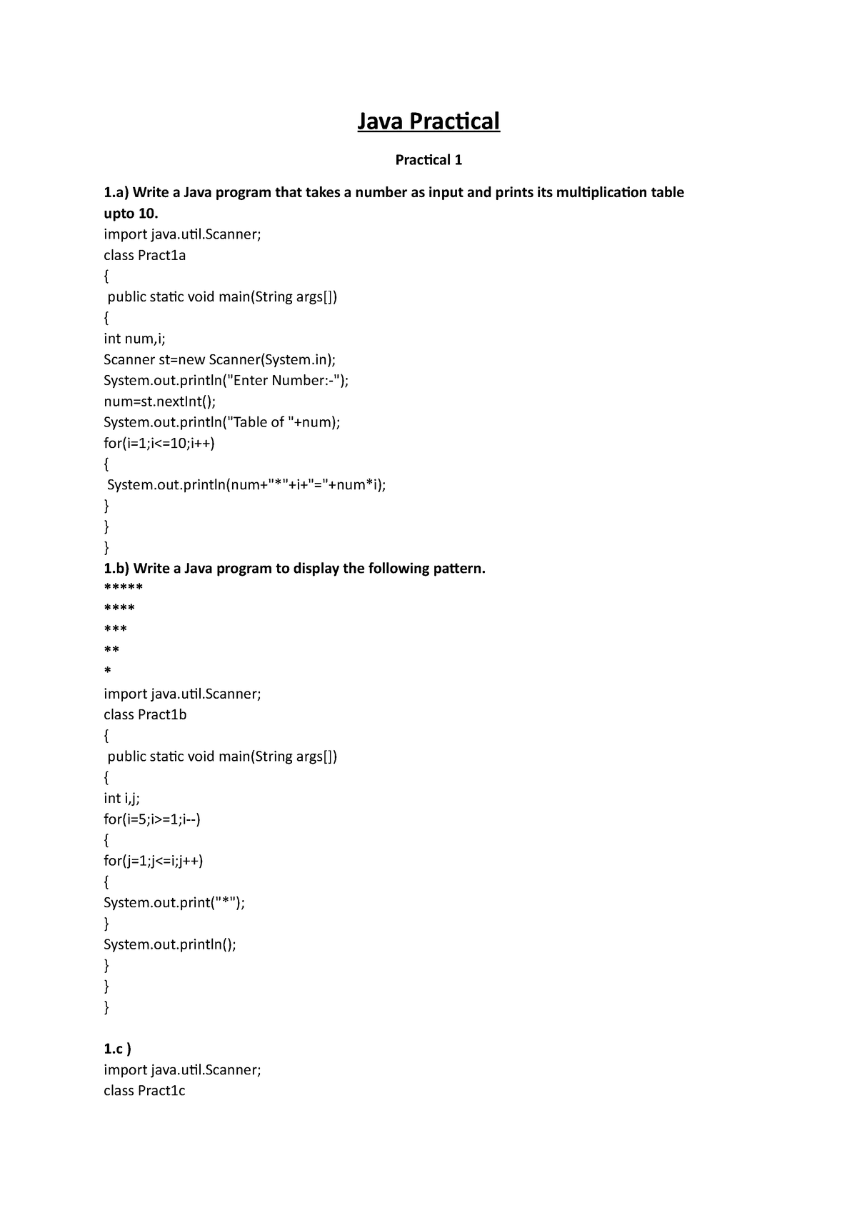 Java Practical Code - Java Practical Practical 1 Write A Java Program ...
