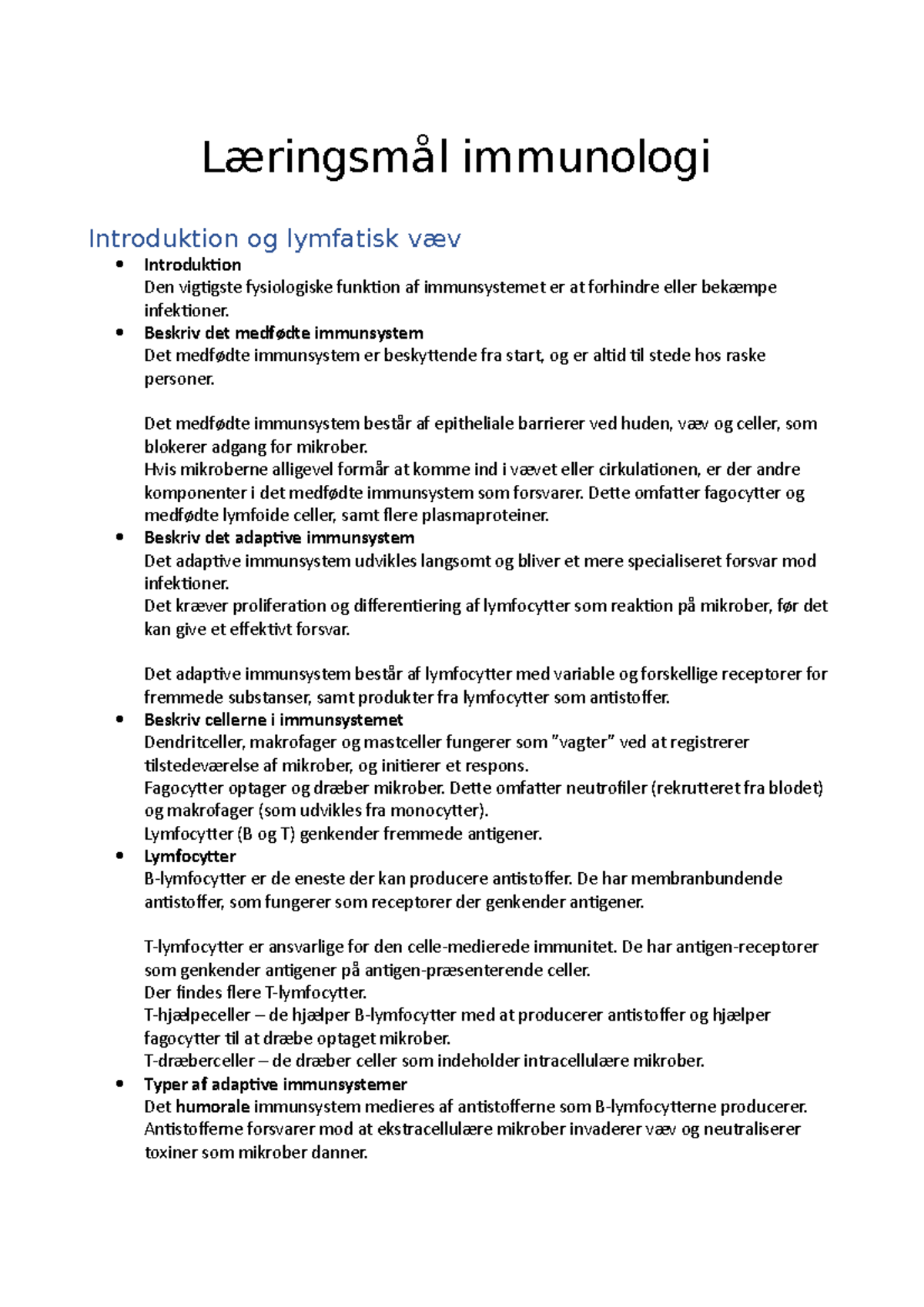 Læringsmål Immunologi - Læringsmål Immunologi Introduktion Og Lymfatisk ...