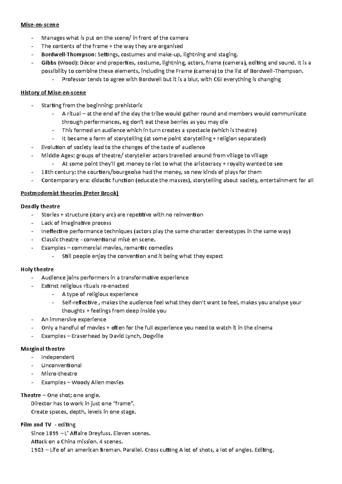 Mise-en-scene notes - Mise-en-scene Manages what is put on the scene ...
