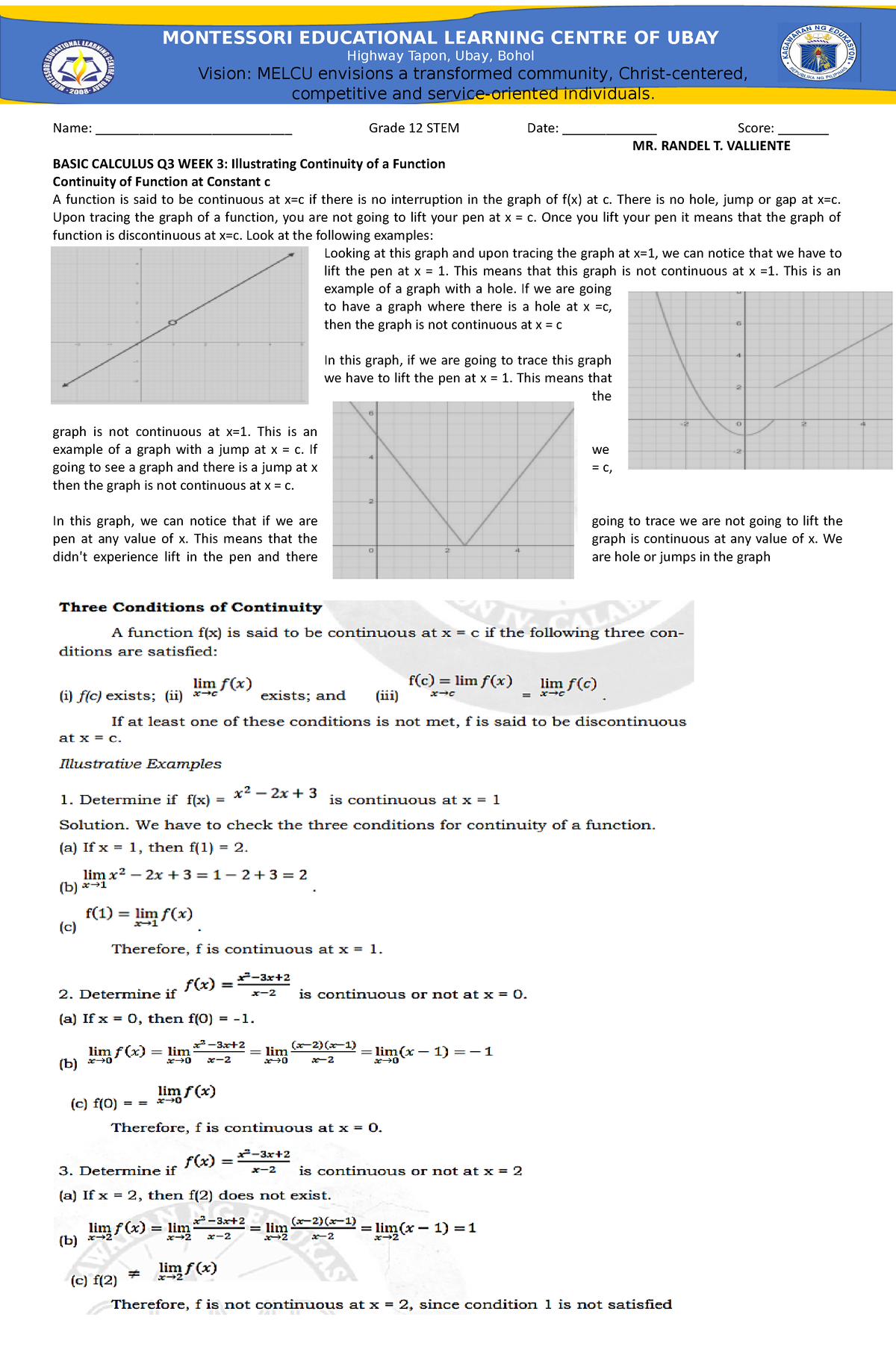 Module 4 - BASIC CALCULUS - Name: ___________________________ Grade 12 ...