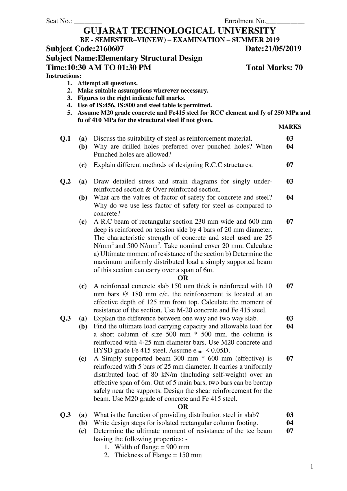 Gujarat Technological University Paper of Design of Structures - 1 Seat ...