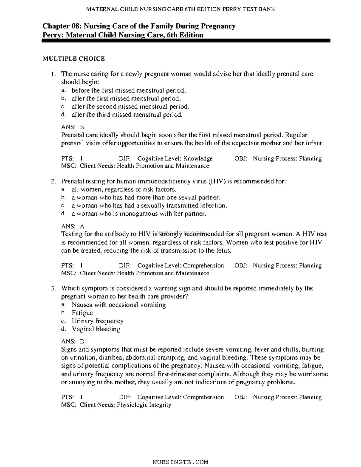 C8 - Maternal Baby Test Bank - NURSINGTB Chapter 08: Nursing Care Of ...