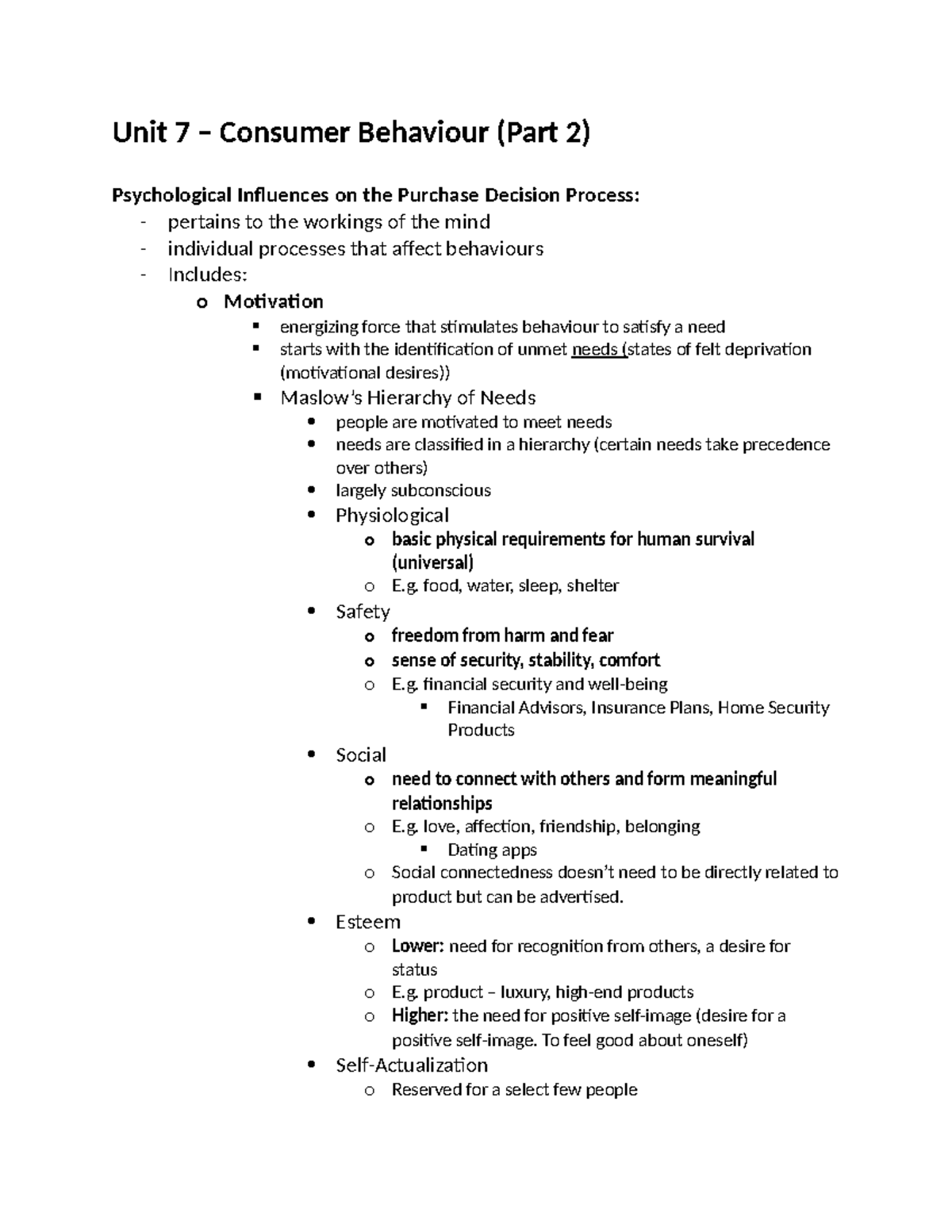 MOS1021A Final Exam Notes - Unit 7 – Consumer Behaviour (Part 2 ...