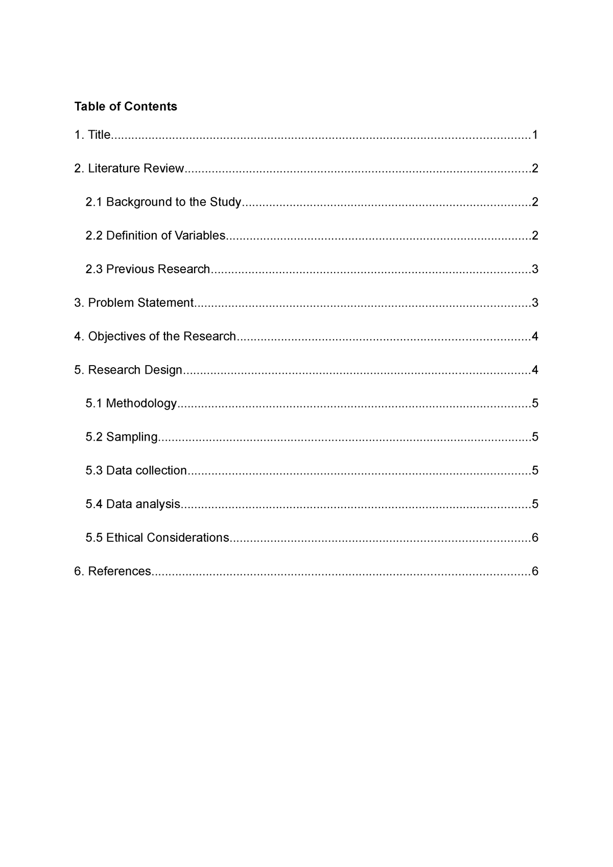 table of content of a research proposal