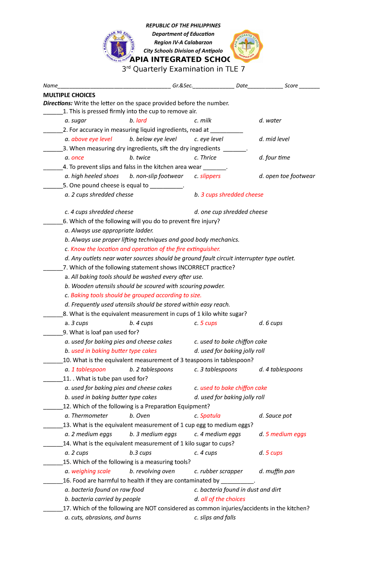 3rd Q Test TLE7 1 - REPUBLIC OF THE PHILIPPINES Department of Education ...