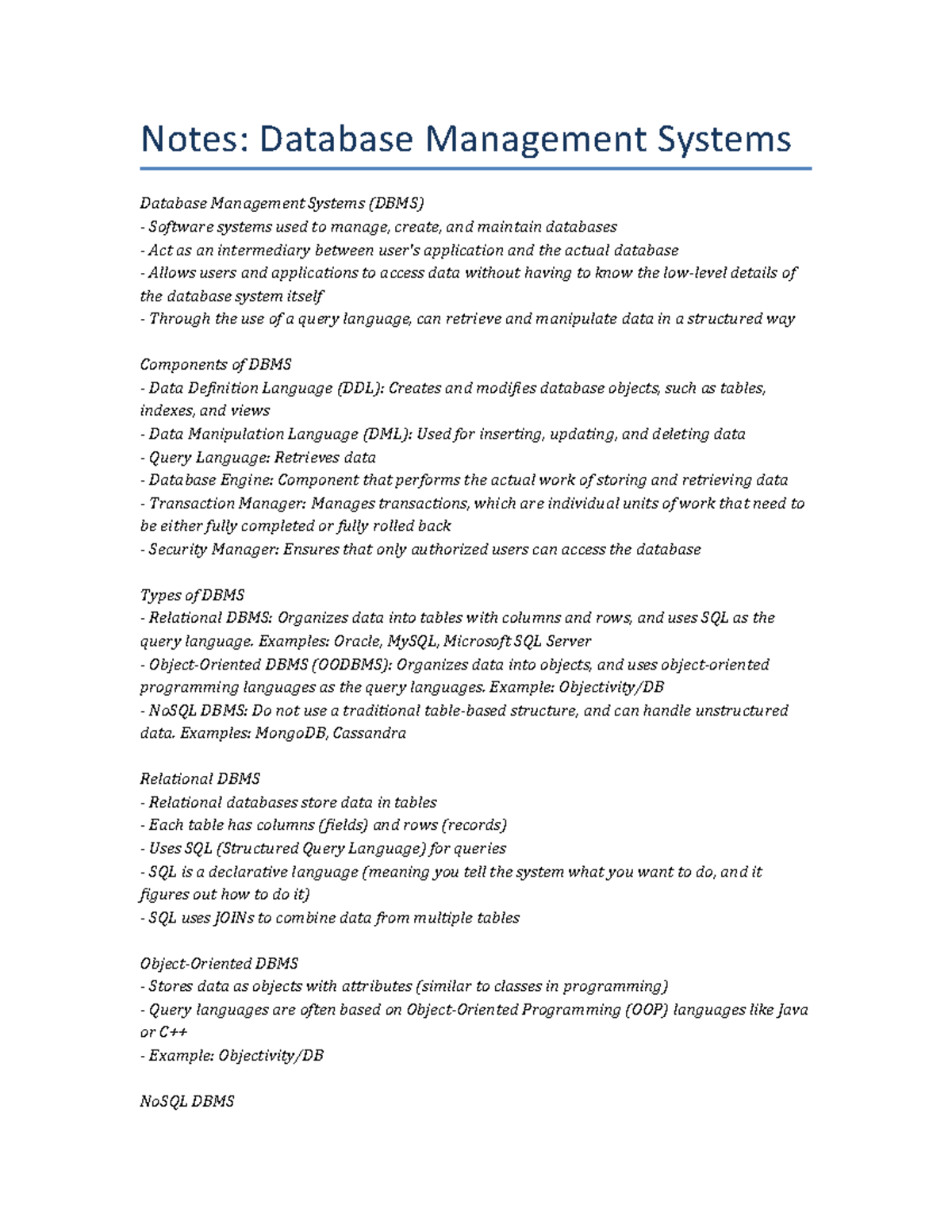 Lecture Notes - Database Management Systems - Notes: Database ...