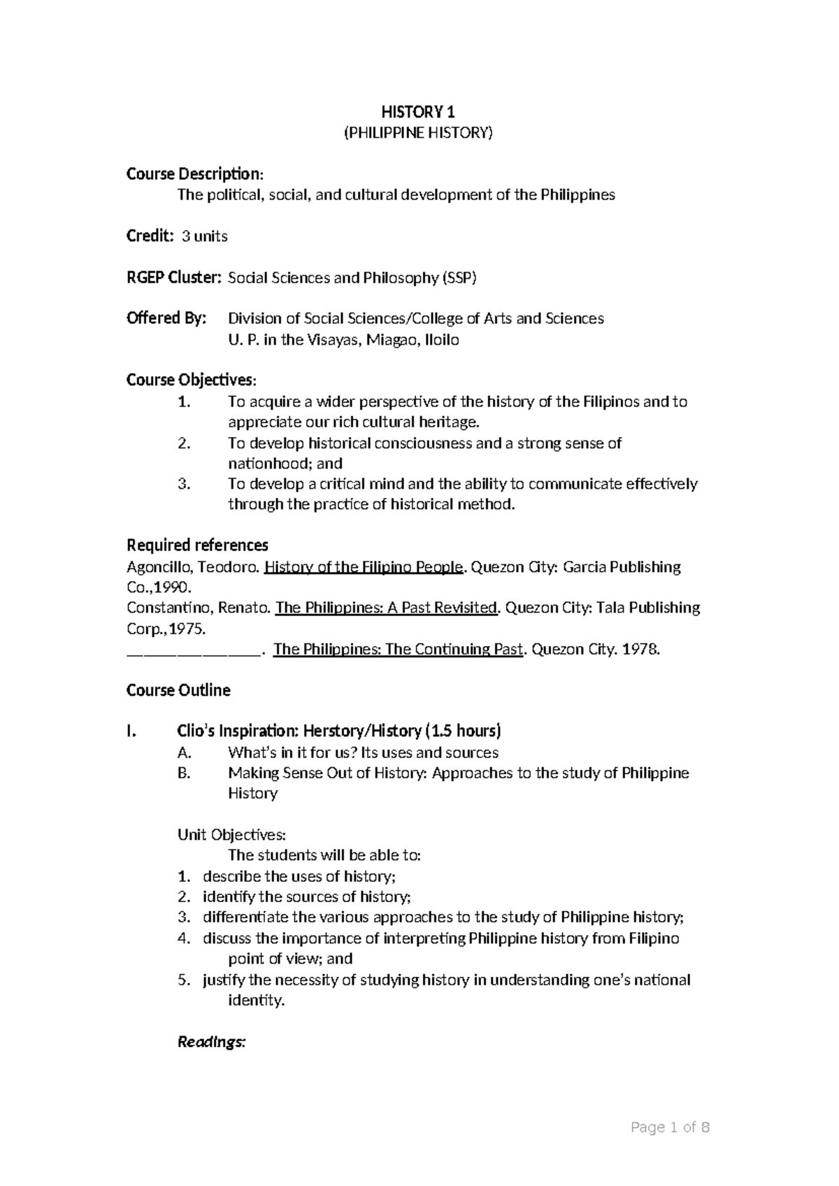 UPVM-History 1 - Syllabus - HISTORY 1 (PHILIPPINE HISTORY) Course ...