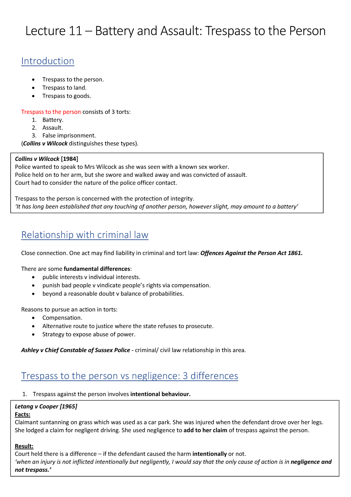 Battery And Assault Tort Law Lecture Notes Lecture 11 Battery And Assault Trespass To The 8454