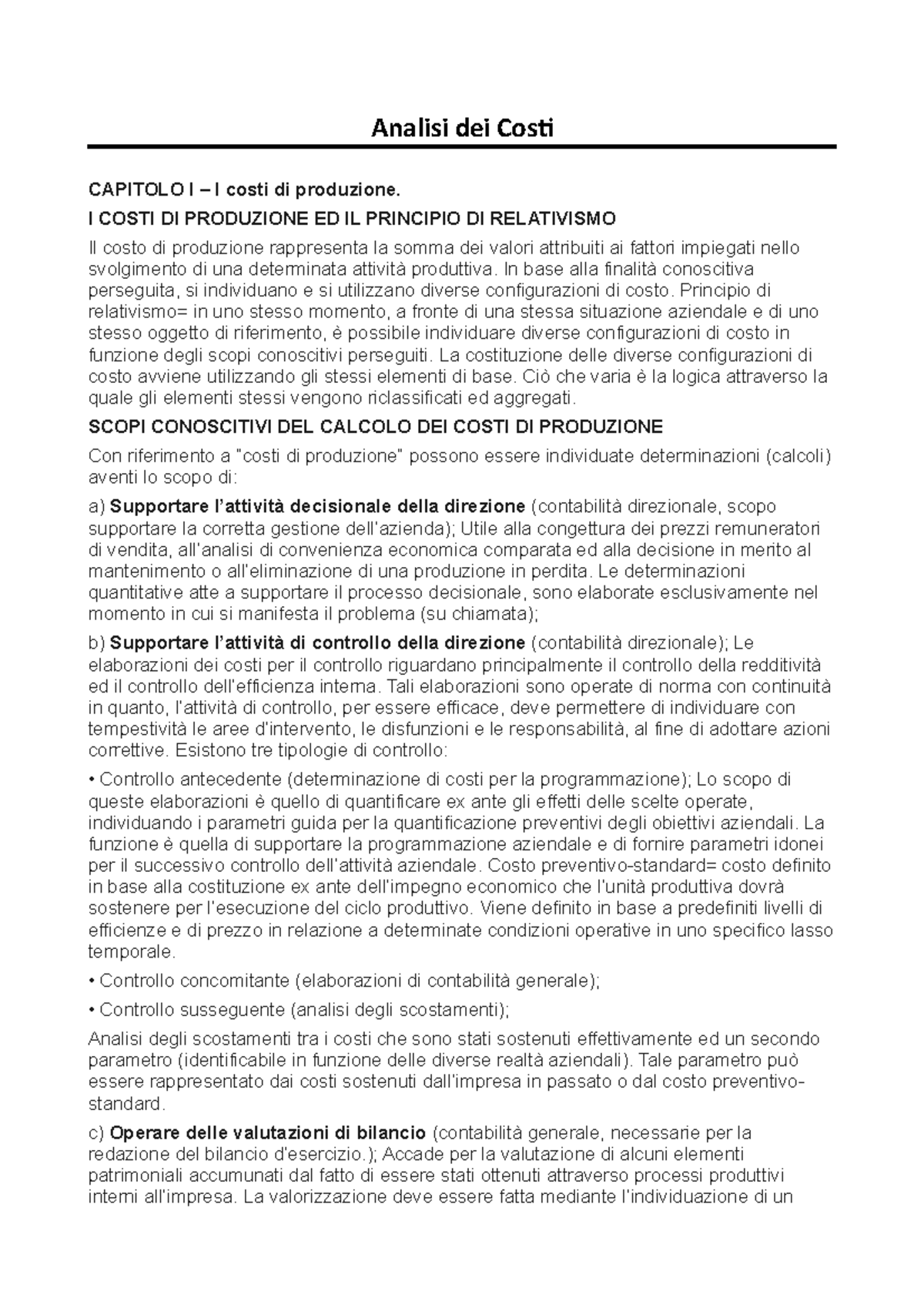 Riassunto tieghi - Analisi dei Costi CAPITOLO I I costi di produzione ...
